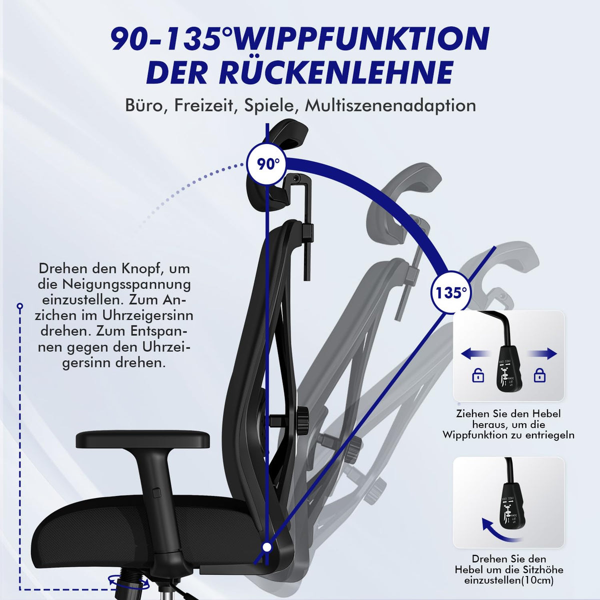 Daccormax Ergonomic Office Chair, Office Chair, Desk Chair with Adjustable Armrests, Soft Lumbar Support Made of Natural Sponge and Headrest, Executive Chair, Swivel Chair, Rocker Function, 150 kg