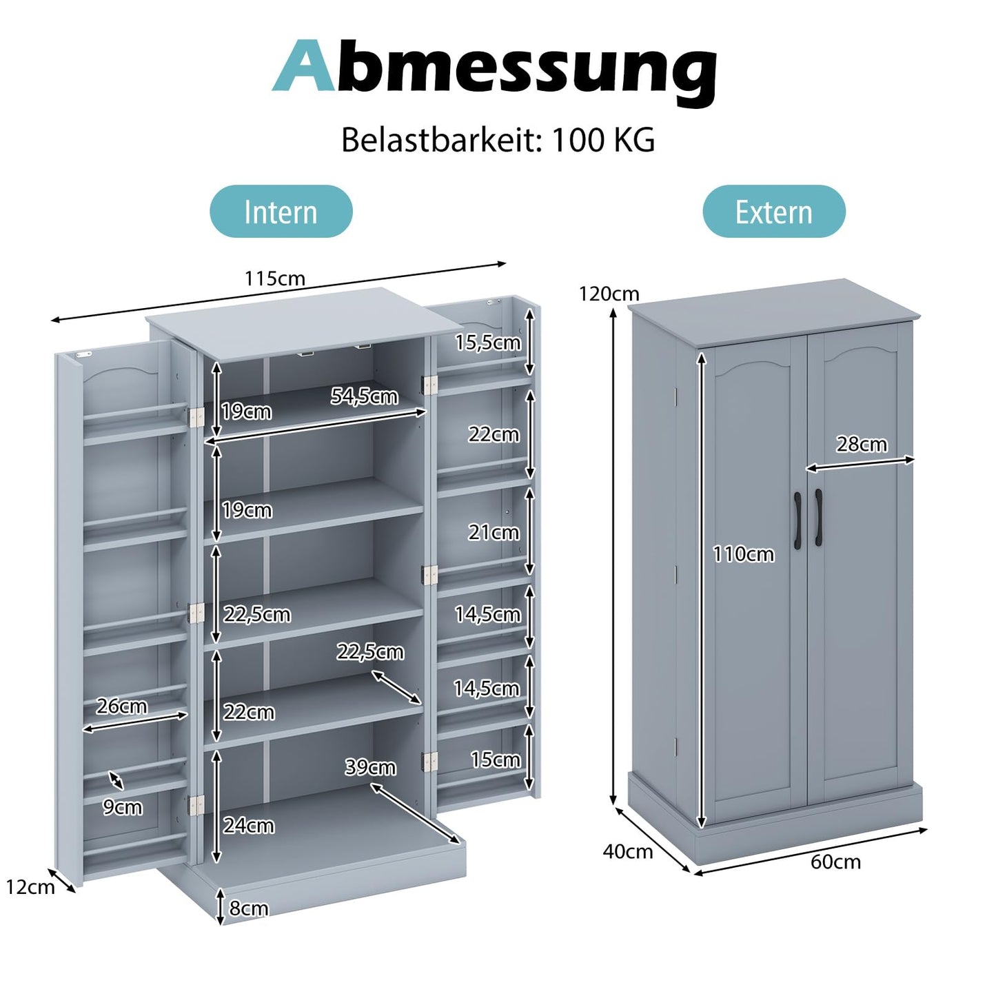 COSTWAY Kitchen Cabinet, Storage Cabinet with 2 Doors & 6 Adjustable Shelves, Multi-Purpose Cabinet for Kitchen, Living Room, Dining Room, 60 x 40 x 120 cm (Grey)