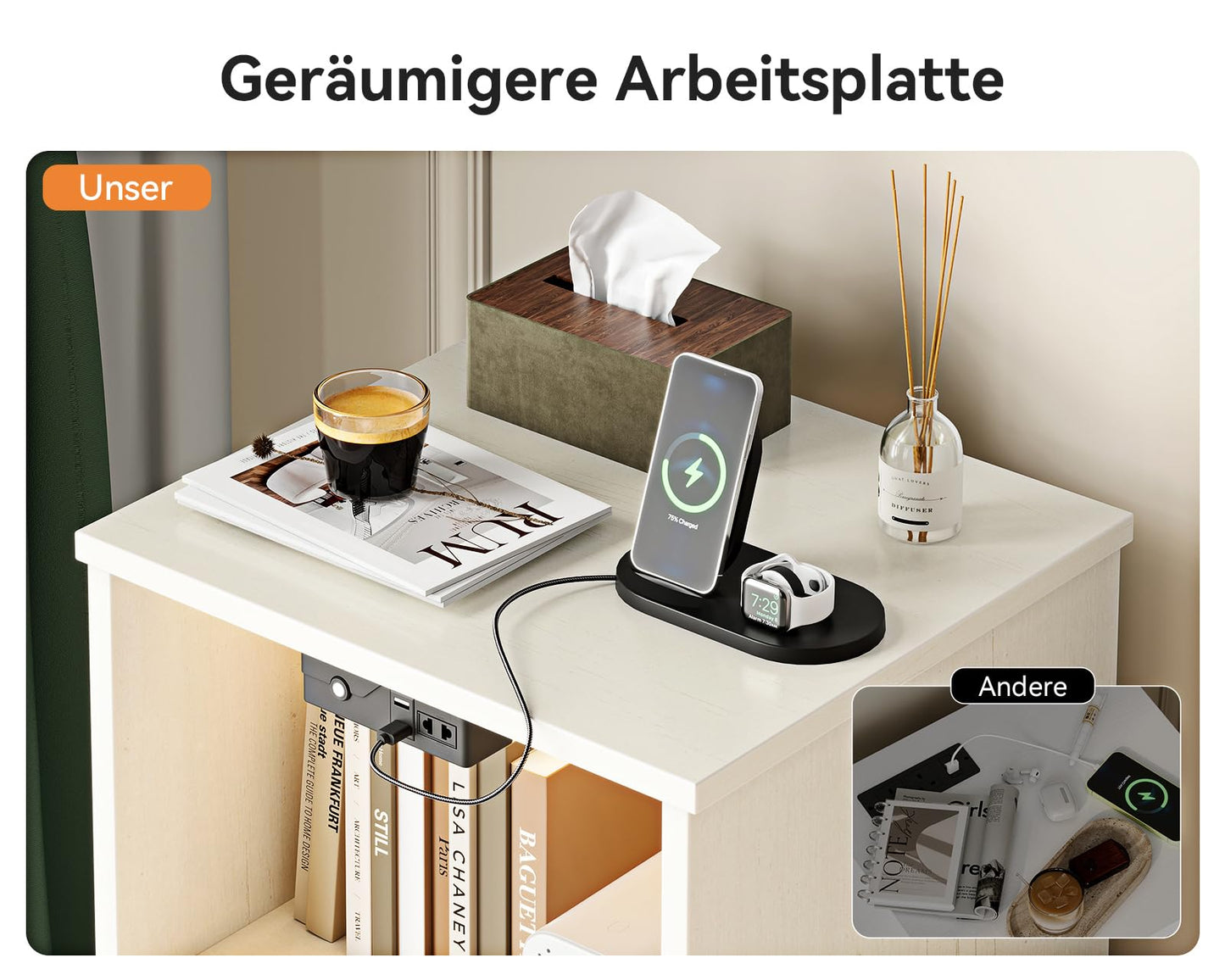 Coleshome Bedside Table with 2 Sockets and 2 USB, Bedside Tables with 10 Colours LED, Bedside Table White with 2 Wooden Drawers and Storage Space, 1 Pack