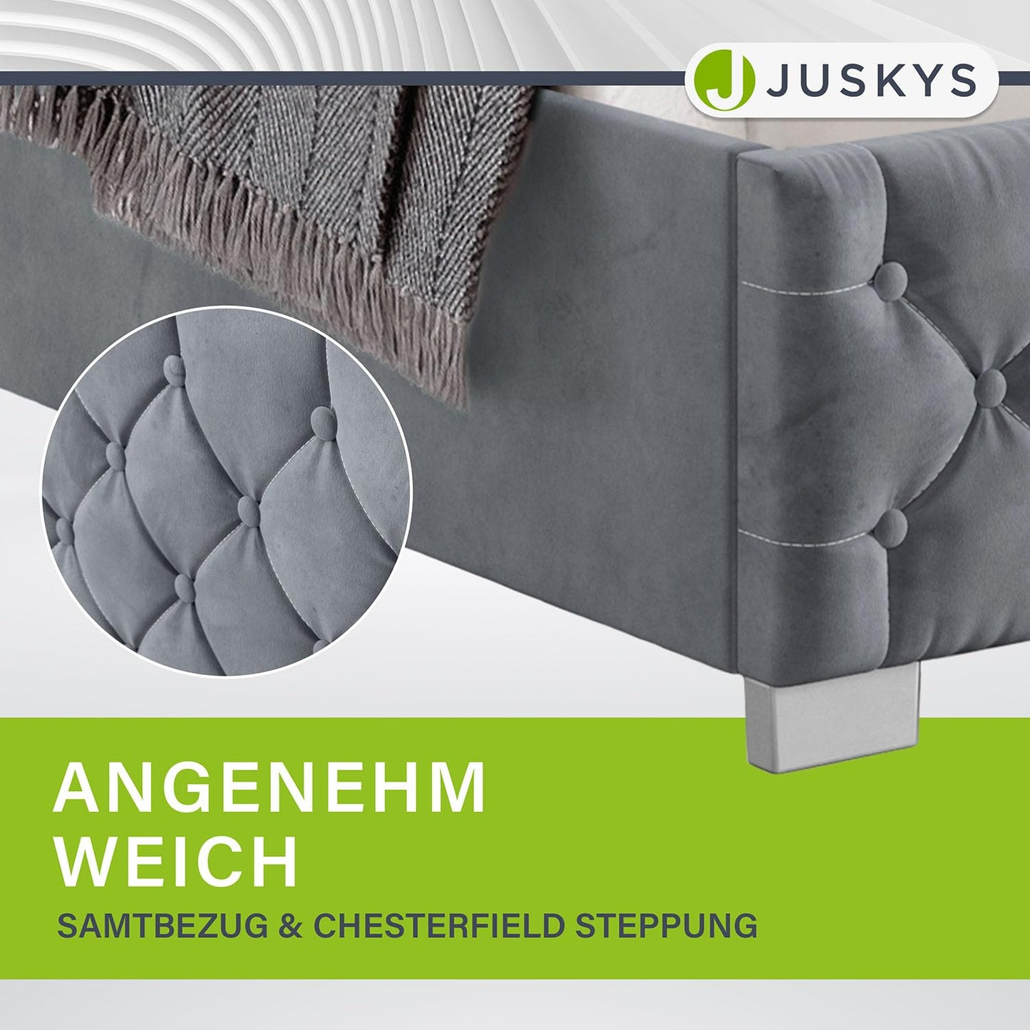 Juskys Nice Upholstered Bed 180 x 200 cm Velvet with Storage Space, LED Lighting & Slatted Frame - Chesterfield Quilting & Headboard - Bed Frame - Grey