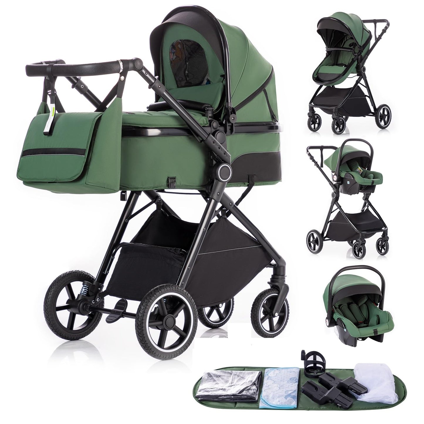 Gcarebb PU Leather 3-in-1 Pram, Buggy with Car Baby Seat, Foldable Portable Pushchair Complete Set, Combination Pushchair with Aluminium Frame for Newborns 0-4 Years