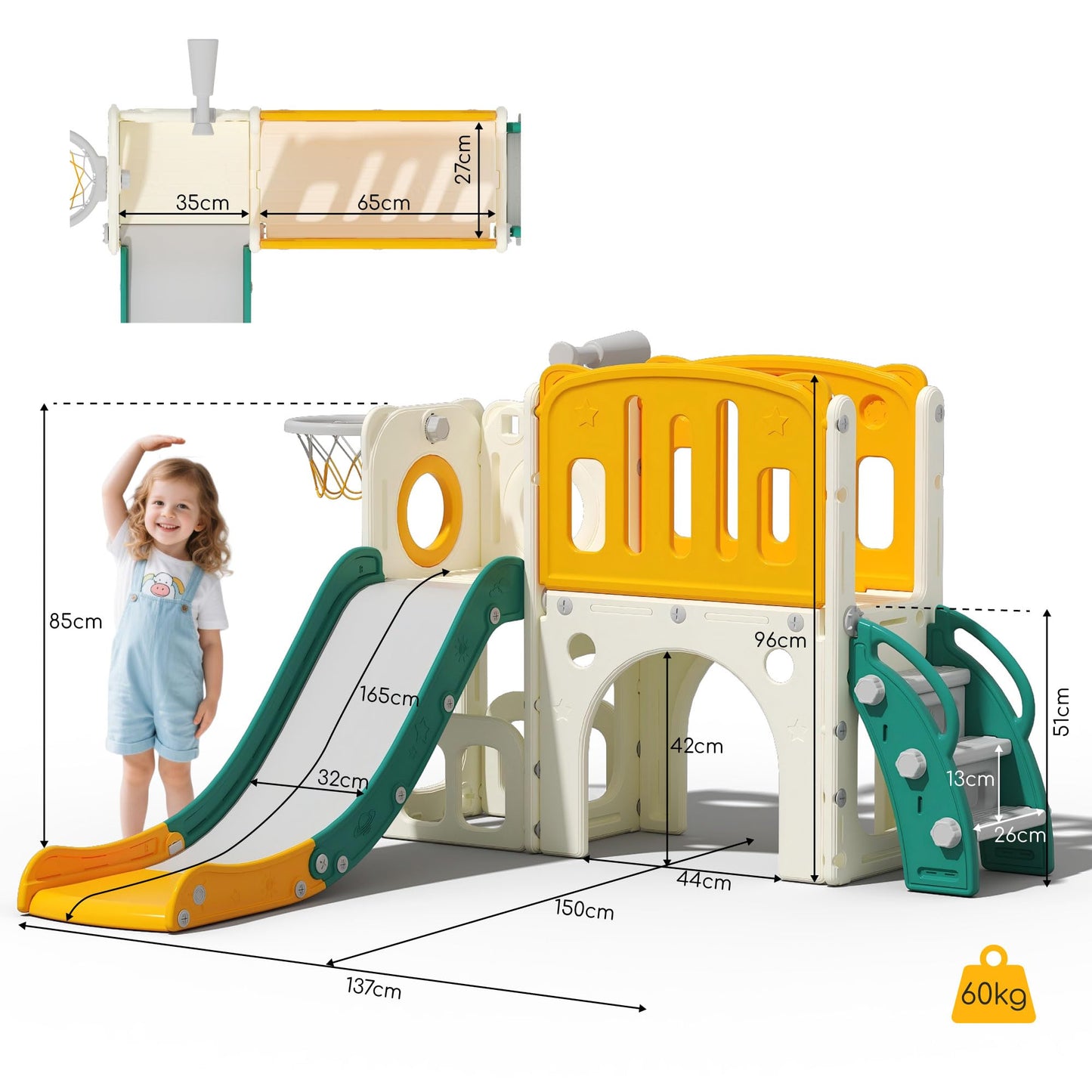 hoopyosms Kinder Rutsche mit Kletterleiter, Tunnel, Basketballkorb & Teleskop, Indoor- und Outdoor-Montessori-Spielset zur Förderung von Motorik & Gleichgewicht für Kleinkinder, Gelb & Grün