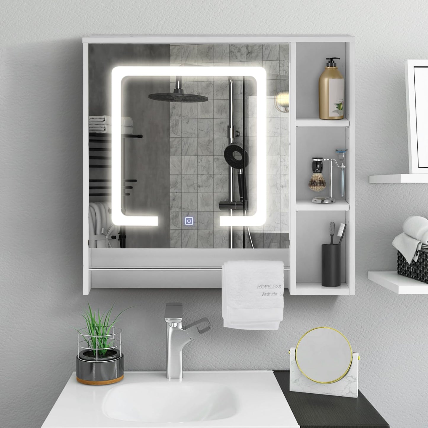 TUKAILAI Mirror Cabinet with LED Lighting, 6 Open Shelves and Adjustable Shelves, Bathroom Mirror with Touch Switch, Bathroom Mirror, Light Mirror, Wall Mirror, Bathroom Cabinet for Bathroom