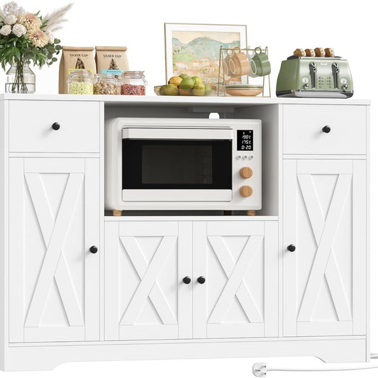 HOCSOK 120 cm Sideboard Kitchen, Kitchen Cabinet with Socket and Microwave Shelf, Storage Cabinet Buffet Cabinet with Adjustable Shelves for Kitchen, Dining Room, Living Room, 120 x 85 x 40 cm