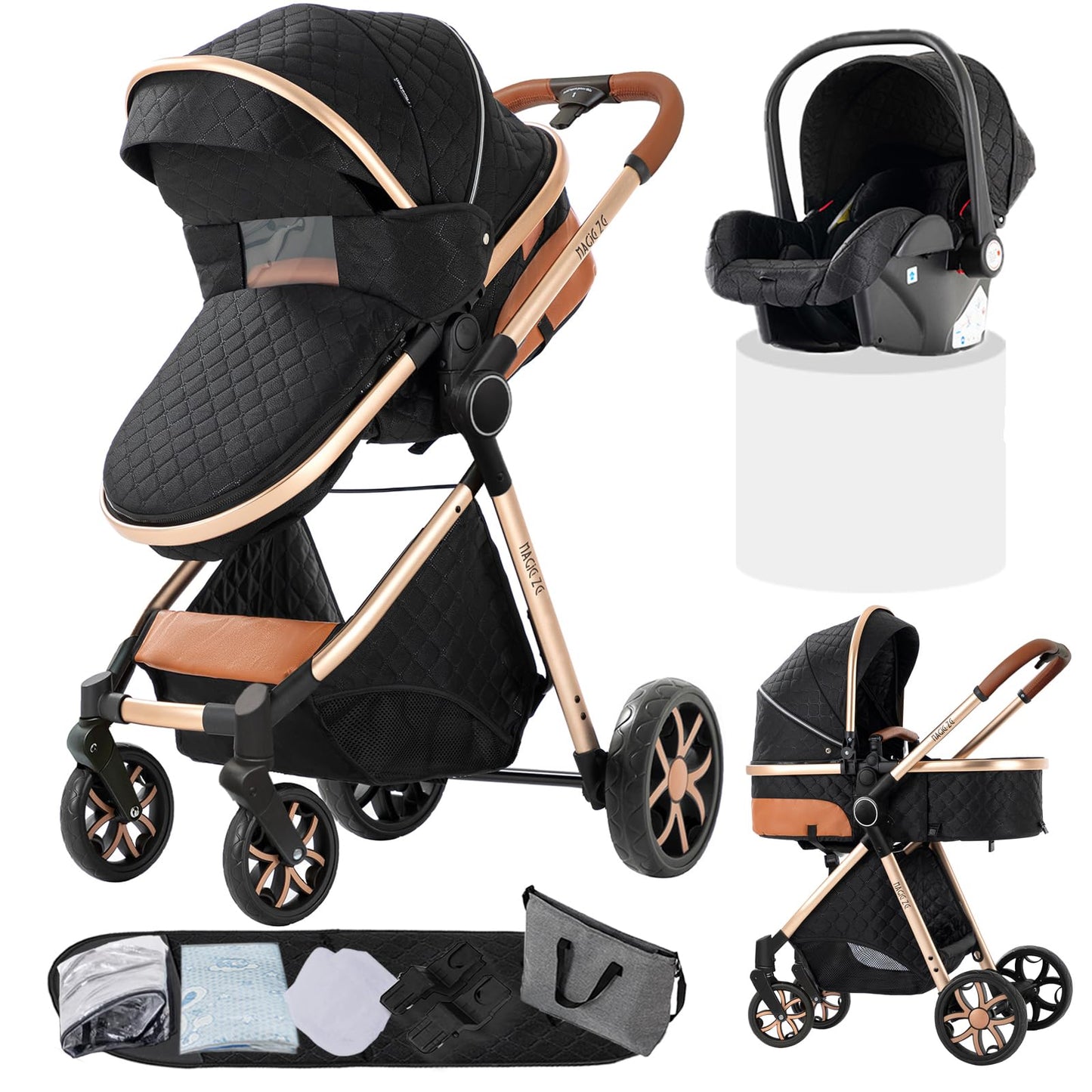 Doraystar 360° Rotation PU Leather Pushchair 3-in-1 Combination Pushchair 3-in-1 with Two Reversible Sliding Modes, Pushchair Complete Set with One-Click Folding Design, Aluminium Alloy Frame (906