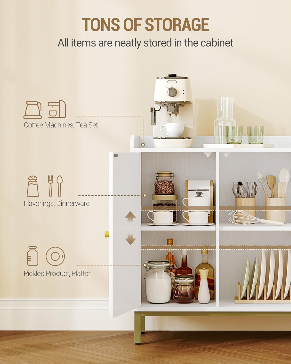 Hzuaneri SC21313G Sideboard, Storage Cabinet, Kitchen Cabinet, Kitchen Chest of Drawers, 3 Doors, Adjustable Shelves, Buffet Cabinet for Kitchen and Living Room, 30 x 100 x 80.5 cm, White