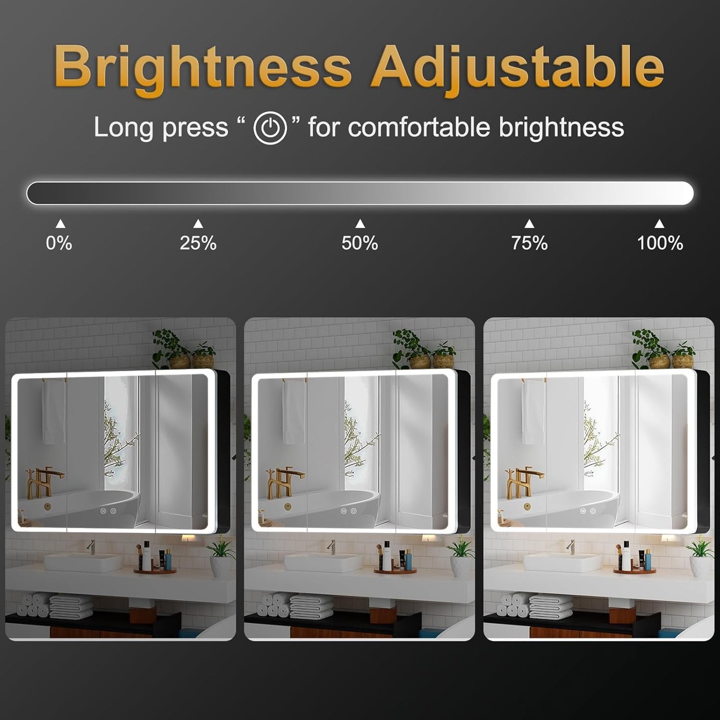 Aovquof Mirror Cabinet with Lighting - 90 x 60 cm Bathroom Mirror Cabinet with Storage Space, Bathroom Mirror Cabinet with Adjustable Dimmable LED Lights with Demist Function, Modern Cream Colour