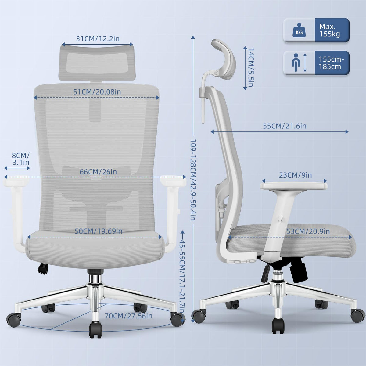Ergonomic Office Chair with Adjustable Lumbar Support, Armrests and Headrest, Swivel Office Chair 150 kg, Desk Chair, Executive Chair, Rocker Function up to 135°
