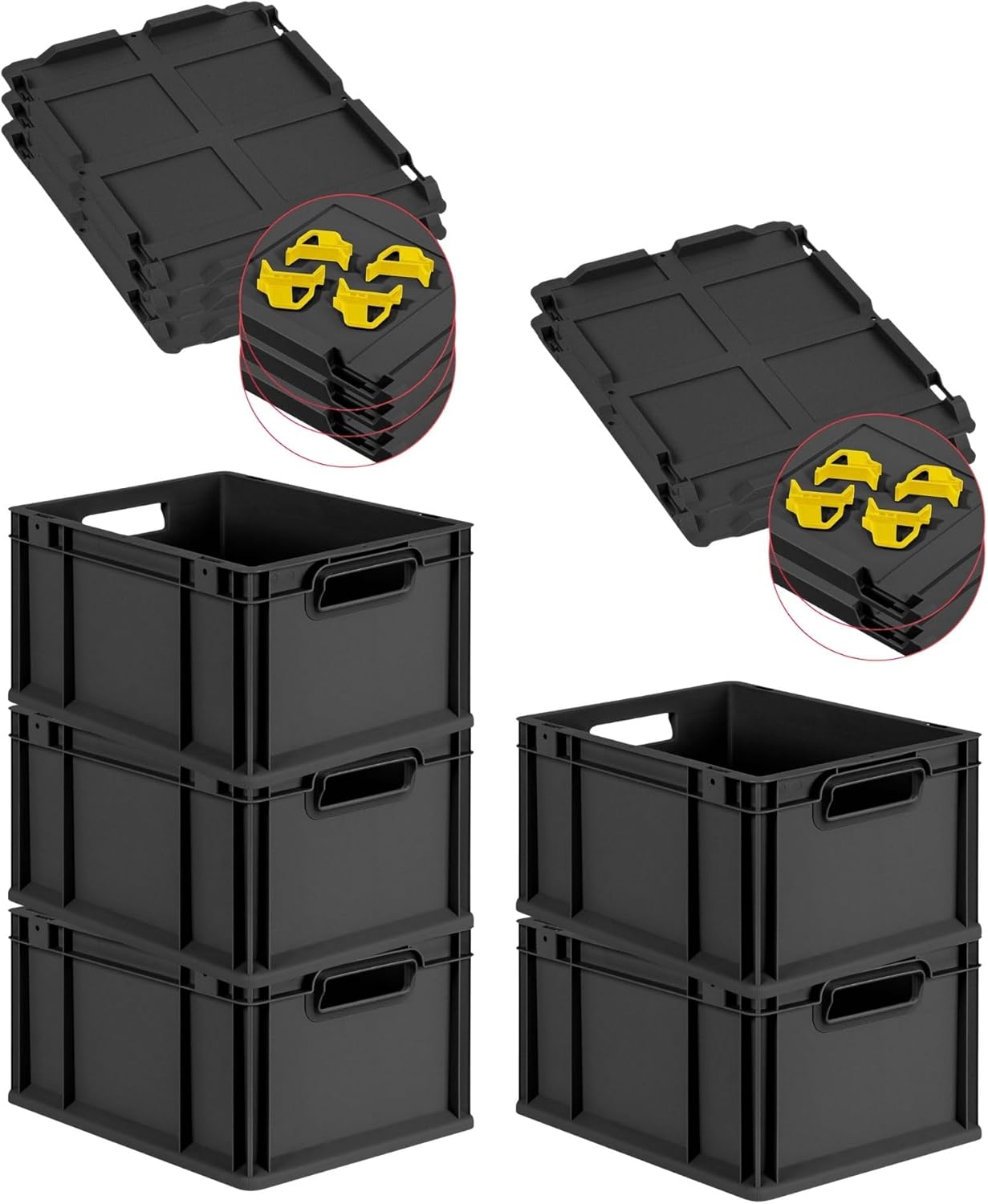 PROREGAL SuperSparSet 3 x Eurobox NextGen Grip with Lid and Yellow Clasps, H x W x D 32 x 40 x 60 cm, 65 Litres, Open Handles, Reinforced Base, Euro Container, Transport Box