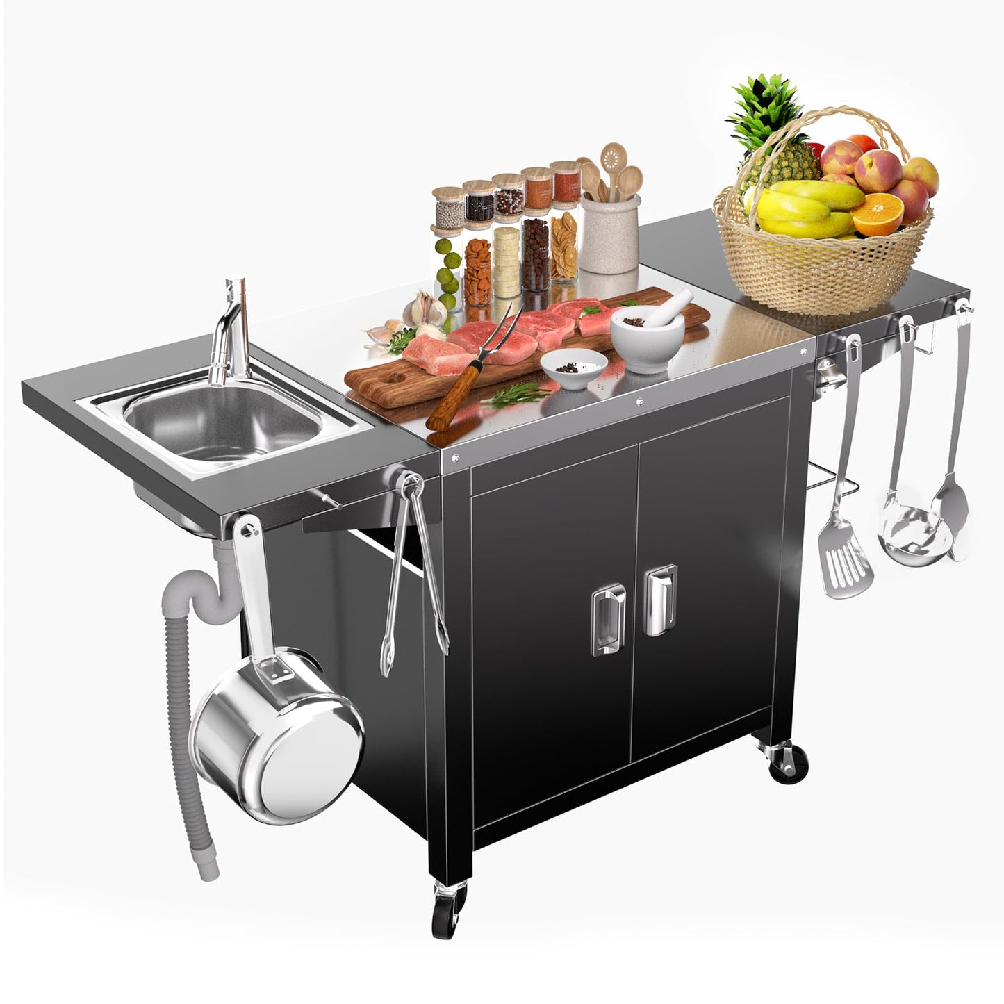 GFTIME Barbecue Trolley, 154 x 63 x 89 cm, Outdoor Kitchen Trolley, Outdoor Kitchen, Grill Table for Onni Pizza Ovens, Outdoor Kitchen for Ninja Woodfire and Weber Q Series, Mobile Pizza Oven Table