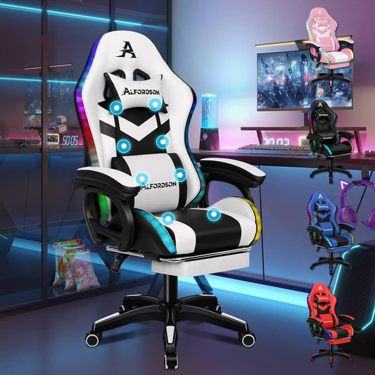 ALFORDSON Gaming Chair, LED Racing Gamer Chair with 12-Colour RGB Lighting, Massage Gaming Chair with Lumbar Support, Footrest, PU Material, White