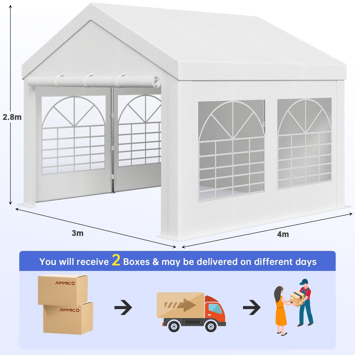 JUMMICO Gazebo Party Tent 4 x 6 Waterproof Stable Garden Tent UV Protection 50+ Tent 170 g PE Tarpaulin Marquee Beer Tent Garden Gazebo for Garden, Party, Festival, Wedding, White