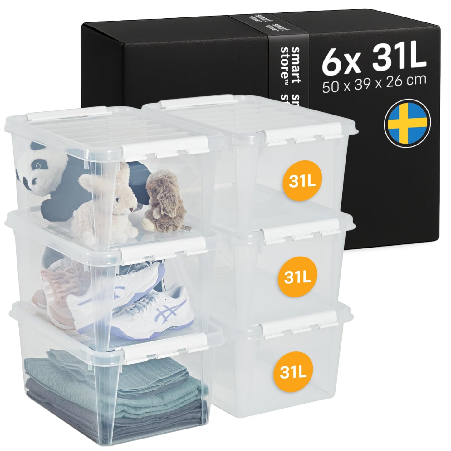 SmartStore - 5 x Storage Box with Lid Classic 46L (59 x 39 x 31 cm) | Stackable Box with Lid | Food-Safe Plastic Box | Plastic Box with Lid and Reinforced Corners