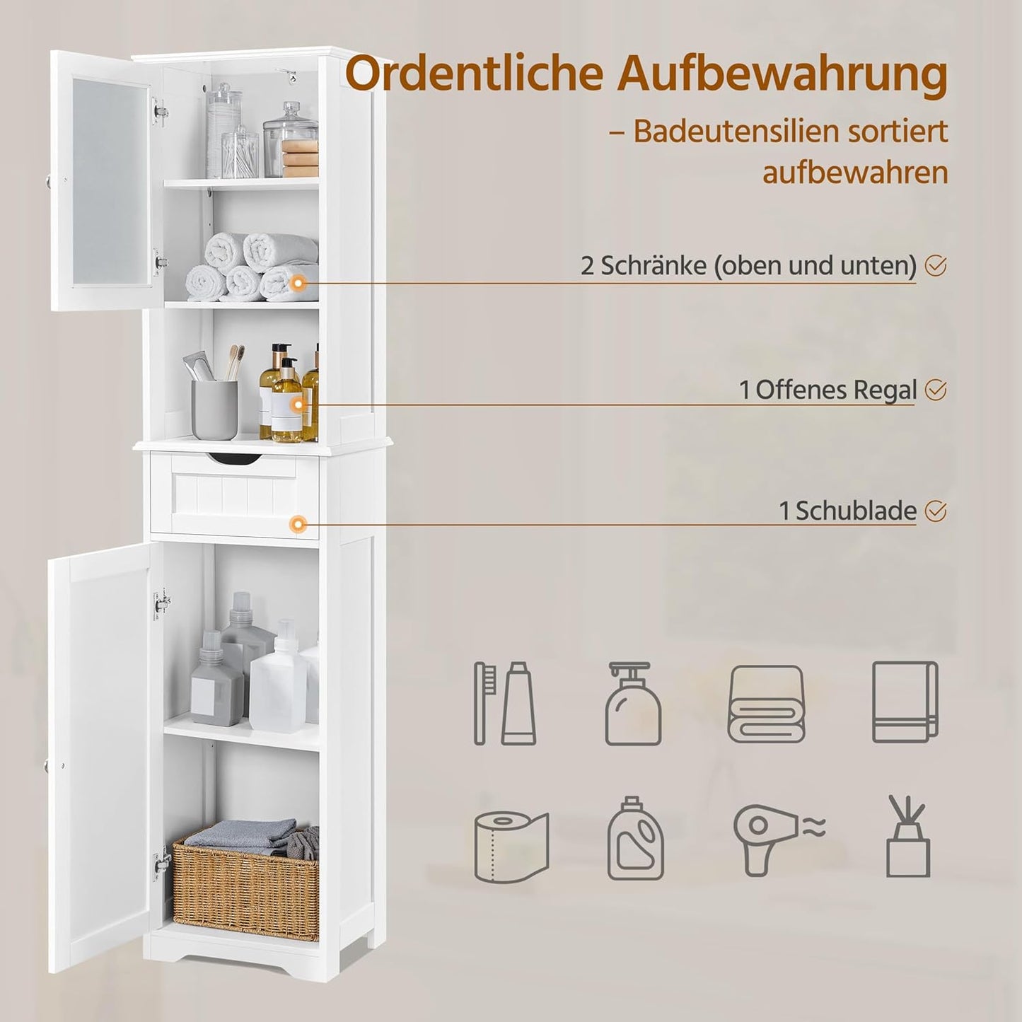 Yaheetech Badezimmerschrank Hochschrank Badschrank mit Schublade & 2 Türen und verstellbarem Einlegeboden Aufbewahrungsschrank Küchenschrank für Badezimmer/Wohnzimmer/Küche, 40 * 30 * 170 cm