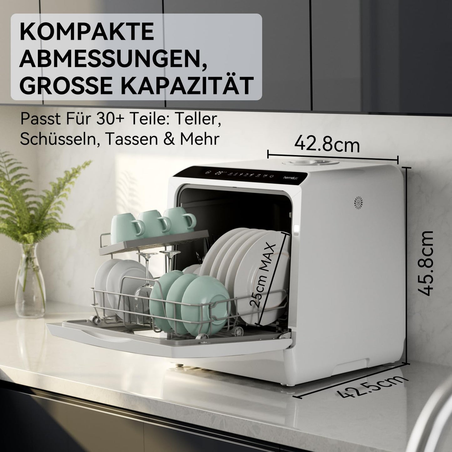 Hermitlux Tischgeschirrspüler, mini spülmaschine mit 7+3 Programme, 5 Maßgedecken, 5L Wassertank, Startverzögerung und Kindersicherung