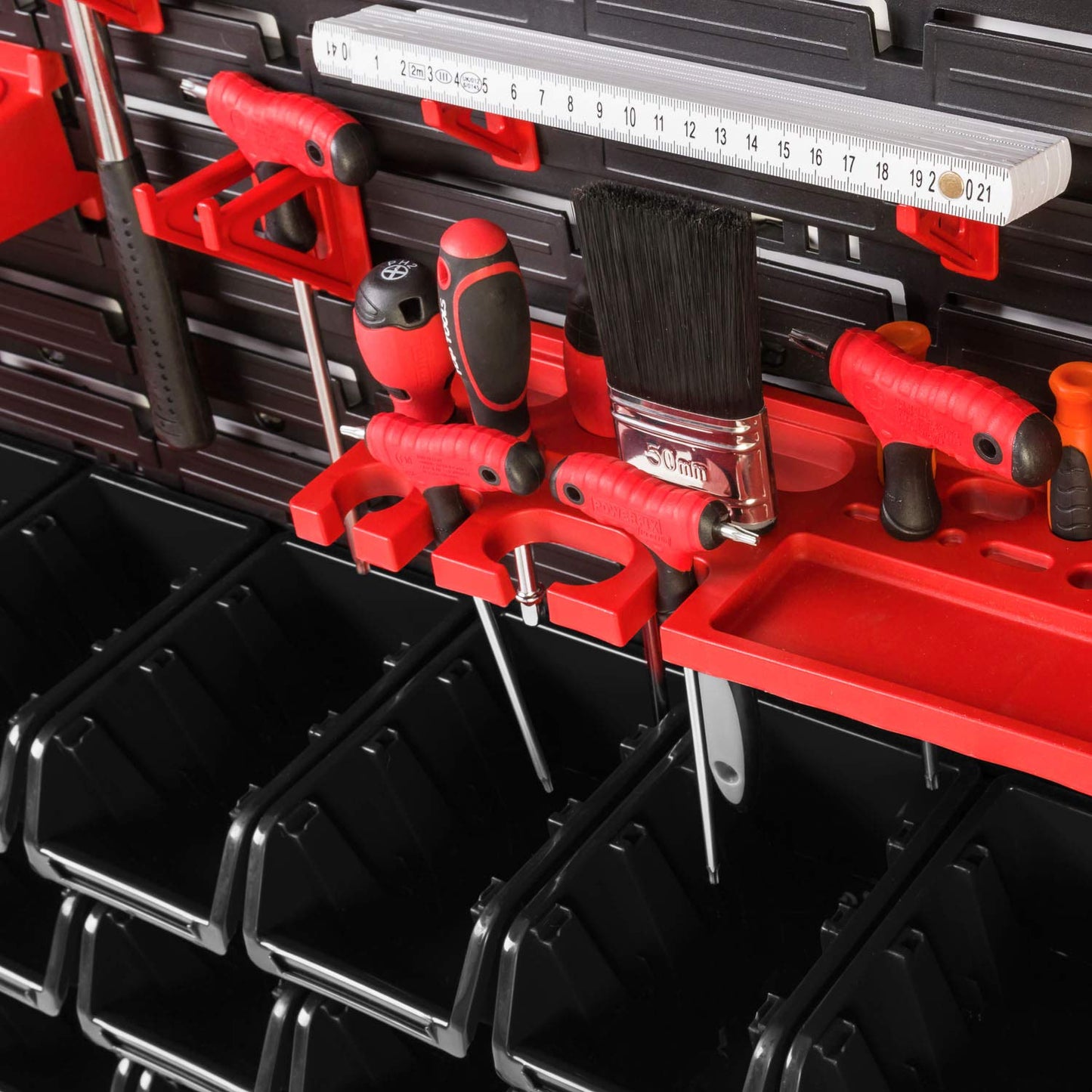 PAFEN Tool Wall Storage System 2308 x 780 mm - Set Tool Holders and 84 Pieces Black Stacking Boxes - Wall Shelf Workshop Shelf Perforated Wall Pour Rack Display Storage Boxes