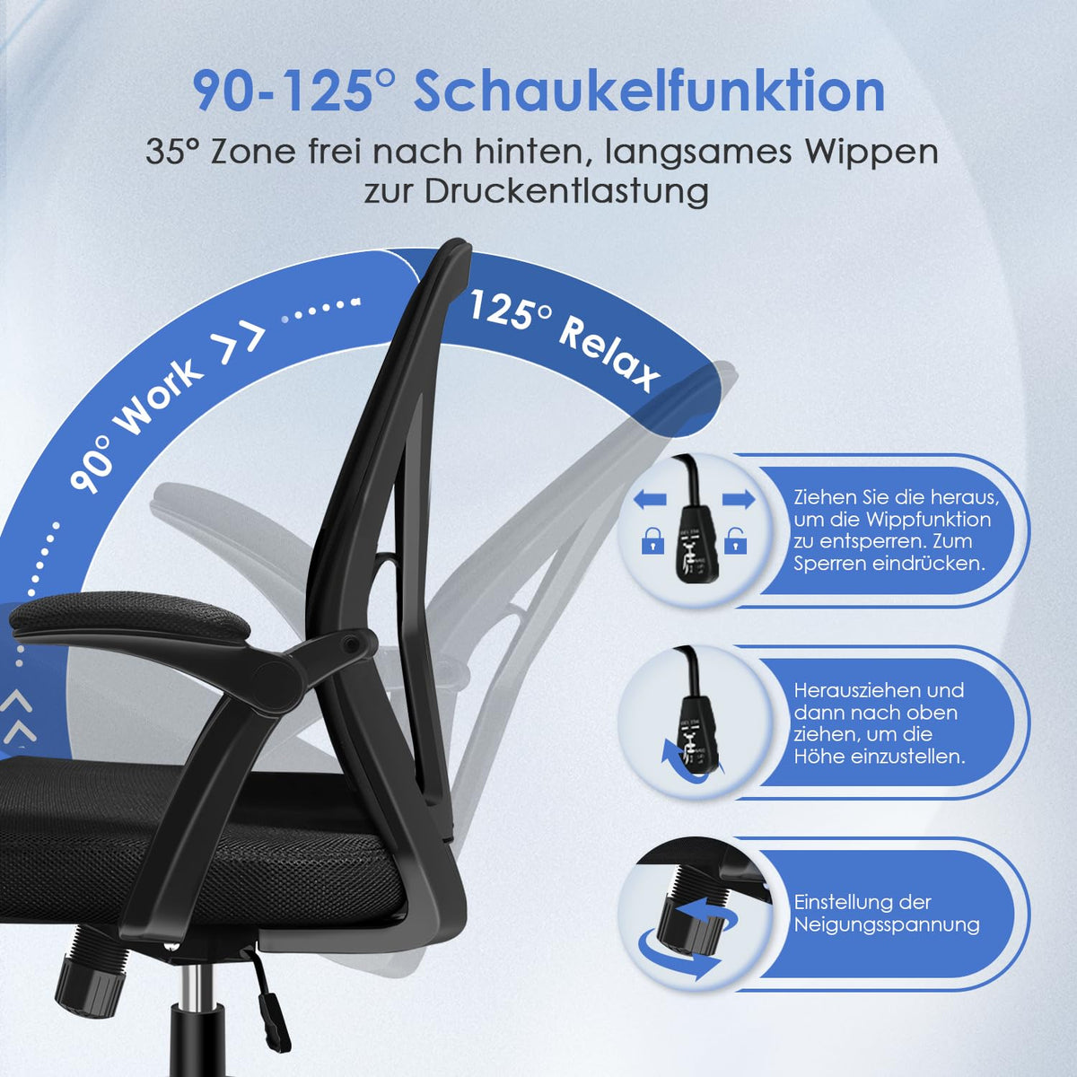Hinonde Office Chair, Desk Chair with Folding Armrests and Rocker Function, 360° Swivel Chair, Height-Adjustable Office Chair, Ergonomic Home Office Chair with Breathable Mesh, Up to 150 kg