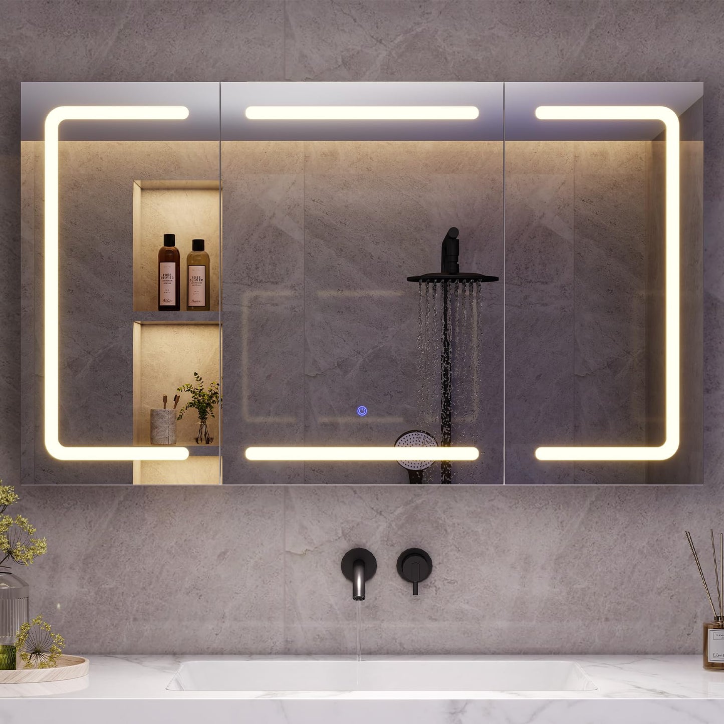 mojiasion Bathroom Mirror Cabinet 100 cm Wide with LED Lighting, Socket & 3 Colour Temperatures Dimmable Bathroom Cabinet with Touch Sensor 60 x 100 x 16 cm (H x W x D) Mirror + 3 Adjustable Shelves