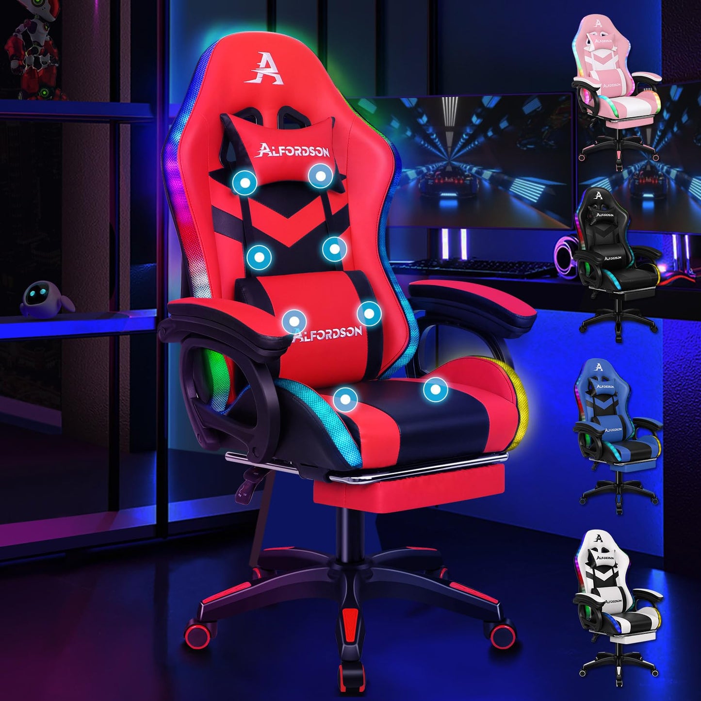 ALFORDSON Gaming Stuhl mit 8-Punkt Massage 12 Farben RGB LED-Licht, Bürostuhl Ergonomisch mit fußstützen, Kopfstütze Lendenkissen für Kinder Erwachsene, Schwarz
