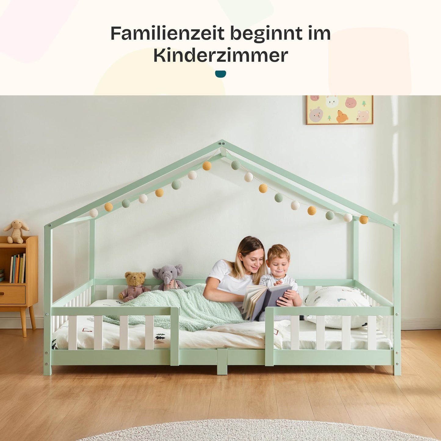 [en.casa] Treviolo Children's Bed 140 x 200 cm Wooden Bed for Children with Fall Protection Montessori Bed Frame with Slatted Frame Pine Wood White
