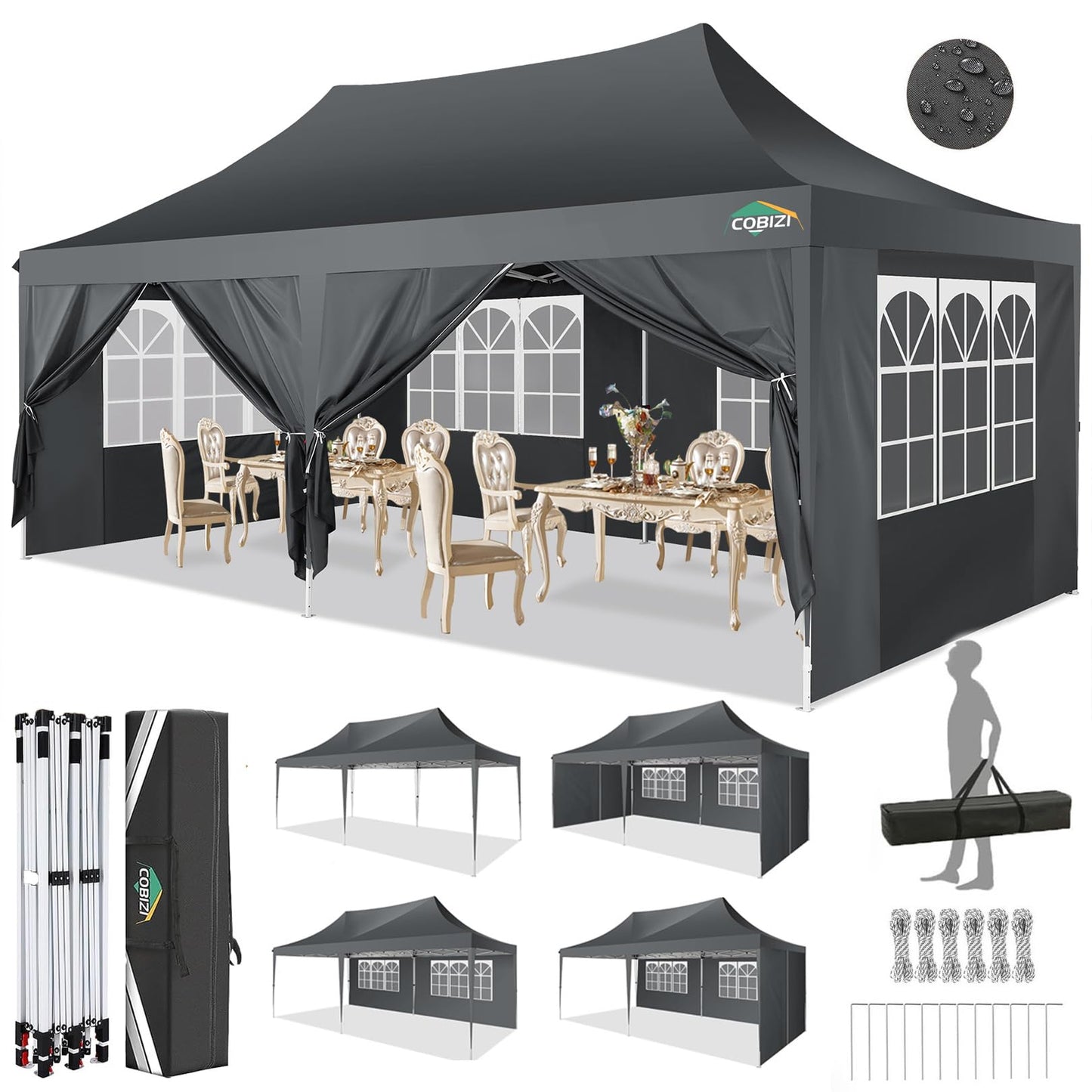 COBIZI Pavillon 3x6,Faltpavillon 3x6 Wasserdicht Stabil Winterfest, Sofort aufklappbare Vordächer Outdoor Gartenzelt mit 6 Seitenteilen, für Party Garten Festival, Weiß