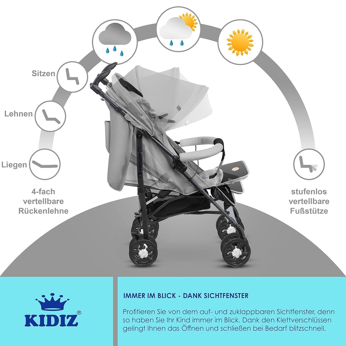 KIDIZ® City-Pro Pushchair Folding Pushchair Pushchair Sports Pushchair Foldable 360° 6 Inch Wheels Includes Mosquito Net, Footmuff and Rain Cover Foldable Sleep Function Blue
