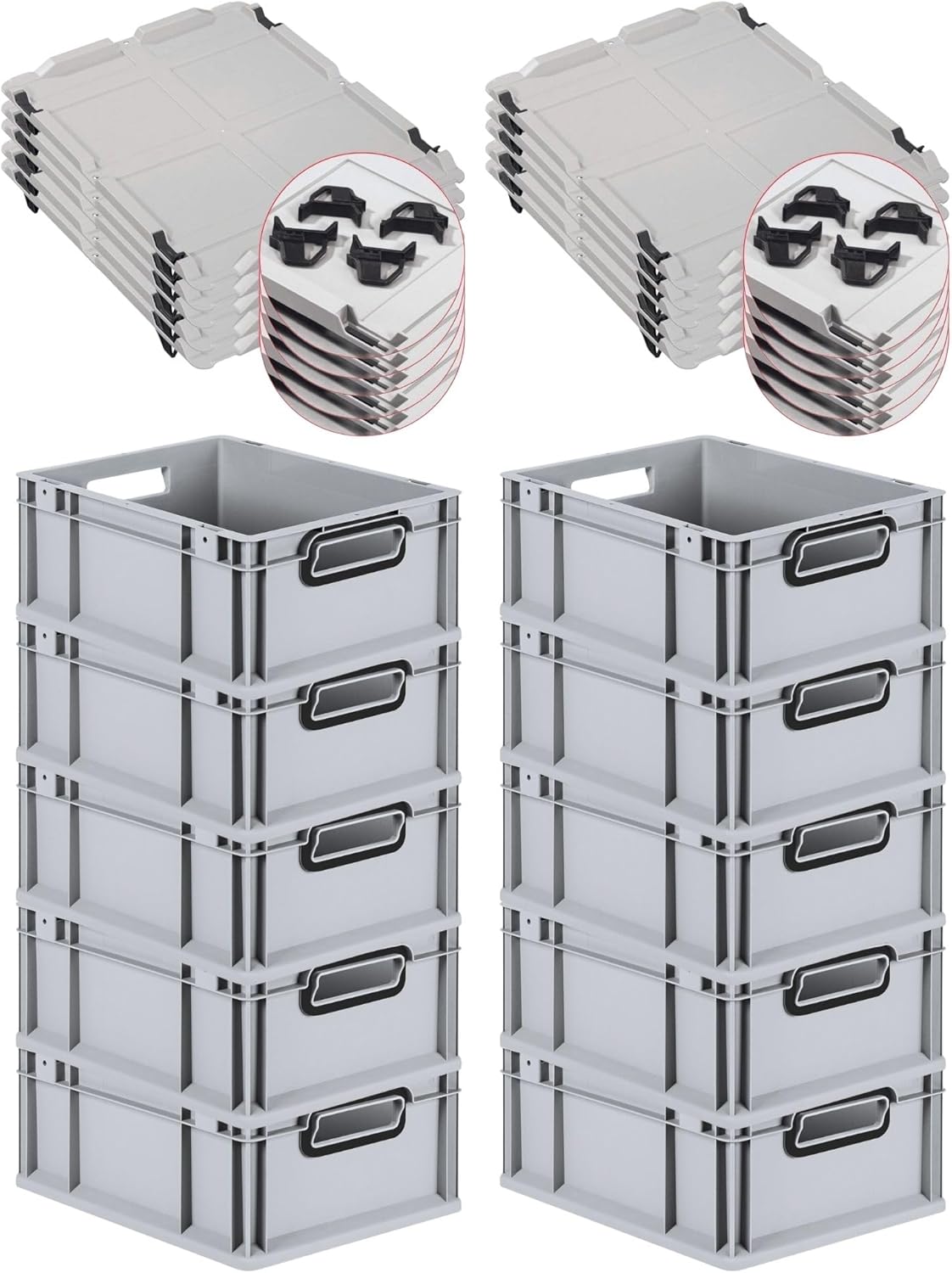 PROREGAL Economy Set of 5 Eurobox NextGen Colour with Lid and Sliding Snap Fasteners, H x W x D 22 x 30 x 40 cm, 20 L, Black, Closed Handles, Euro Container, Transport Box, Transport Container