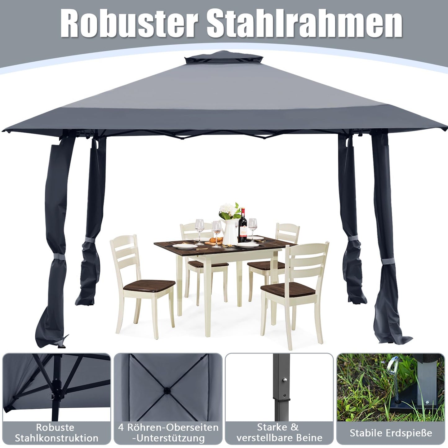 COSTWAY Gazebo 4 x 4 m, Pop-Up Folding Gazebo with Double Roof, Waterproof, Stable, UV Protection 50+, Garden Gazebo with Carry Bag on Wheels, Garden Tent for Patio, Garden (Grey)