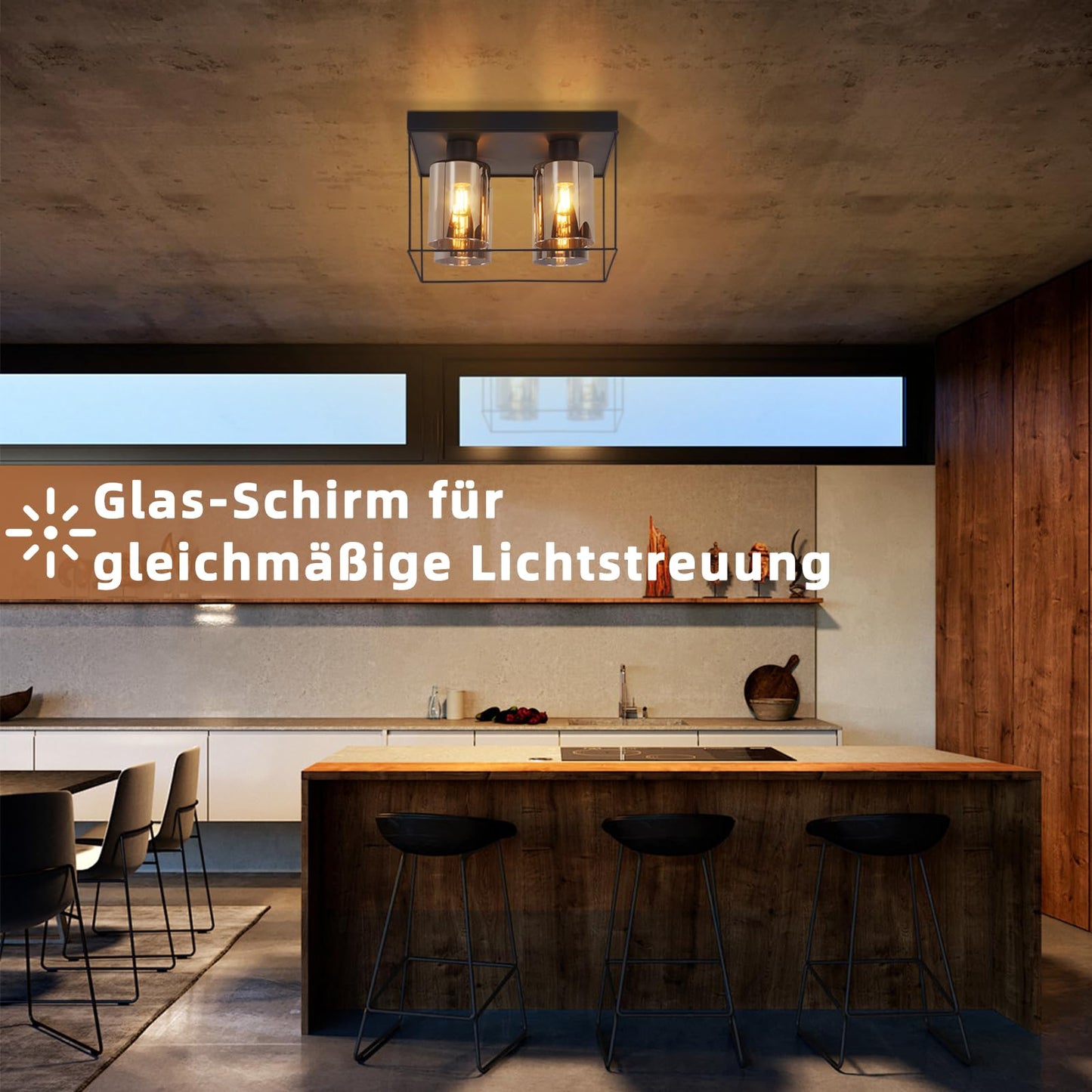 CBJKTX Ceiling Light Living Room Ceiling Light Glass - 4 Bulbs E27 Vintage Black Dining Room Lamp Industrial Style Metal Ceiling Retro Living Room Lamp for Bedroom Dining Room Kitchen (Light Bulb Not