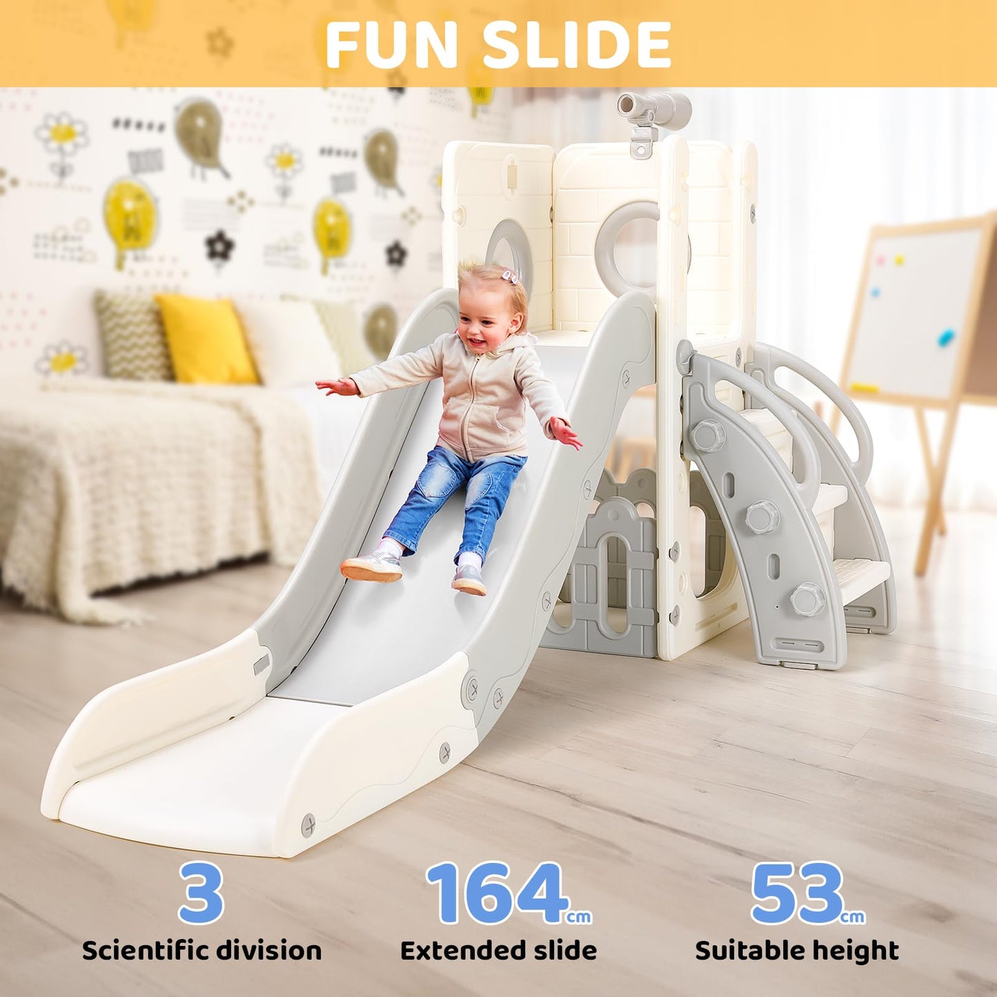 Swing Slide, 5-in-1 Children's Slide with Swing, Climbing Frame, Telescope, Storage, Indoor and Outdoor Freestanding Slide, Playground for Toddlers, for Max 60 kg from 1-6 Years, 2 Pieces Modules