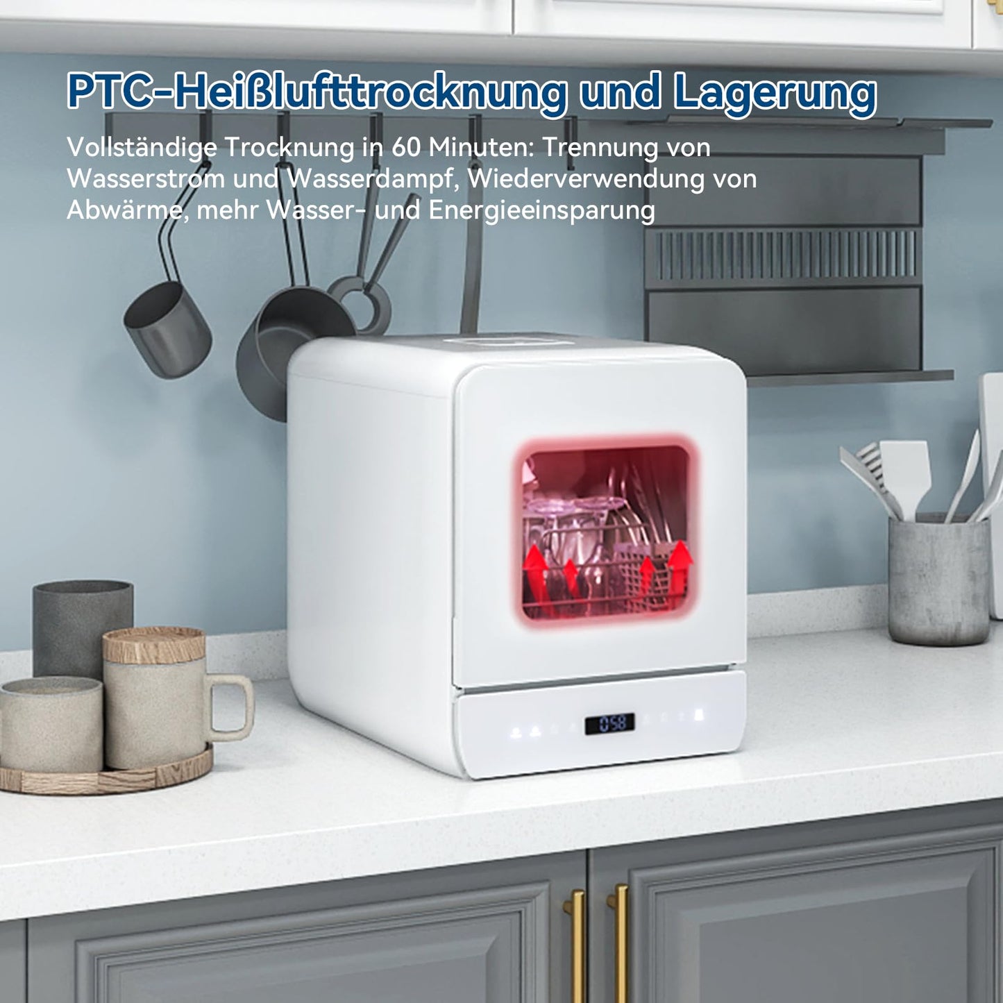 Mini Dishwasher for 3 Place Settings, Table Dishwasher with 7 Programmes with Drying Function, Can Be Used With/Without Water Connection, Dishwasher 4.8 L, Touch Control for Motorhomes, Homes