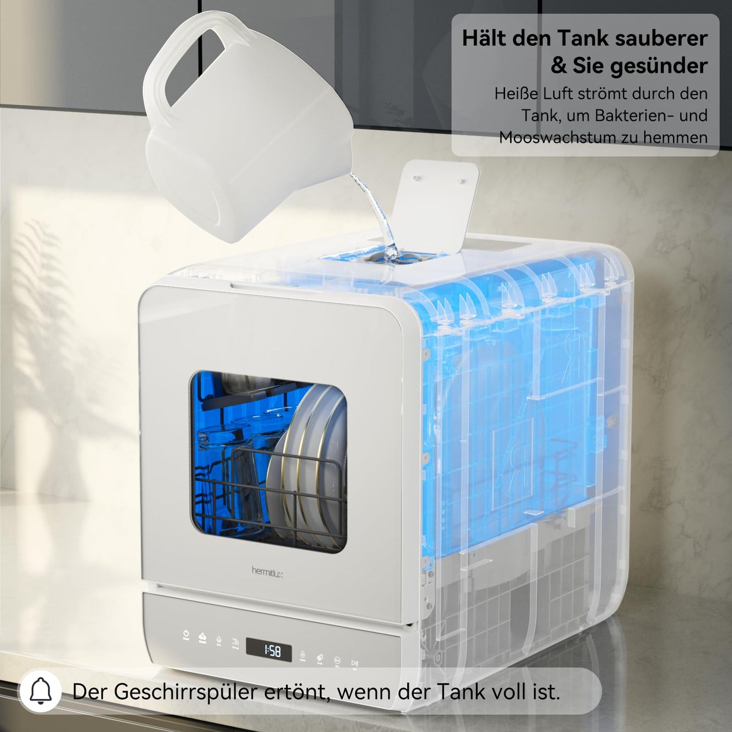 Hermitlux Tischgeschirrspüler, mini spülmaschine mit 7+3 Programme, 5 Maßgedecken, 5L Wassertank, Startverzögerung und Kindersicherung