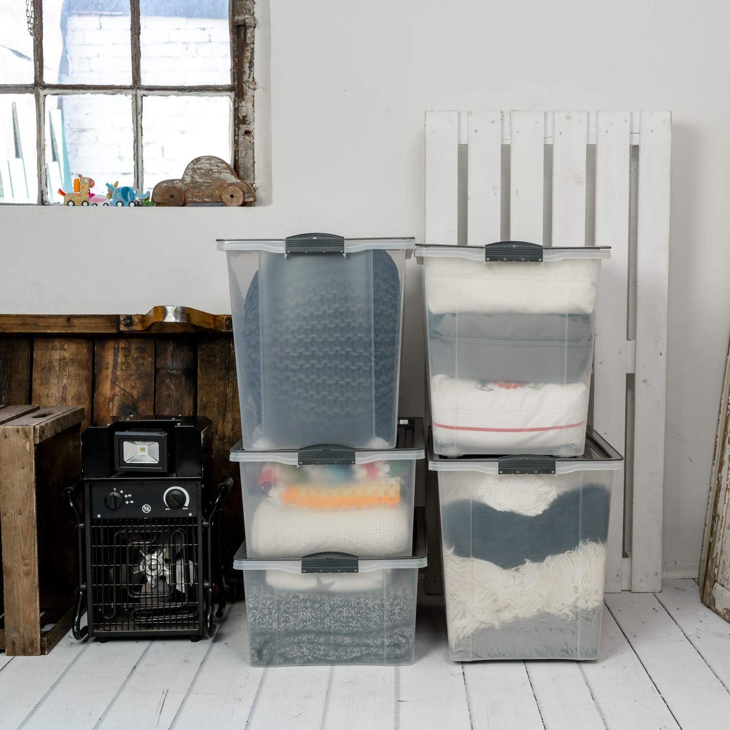 Rotho Compact Storage Box 70 L with Lid and Wheels, Plastic (PP Recycled), BPA-Free, Cappuccino/Anthracite, A3/70 L (57.0 x 39.5 x 43.5 cm)