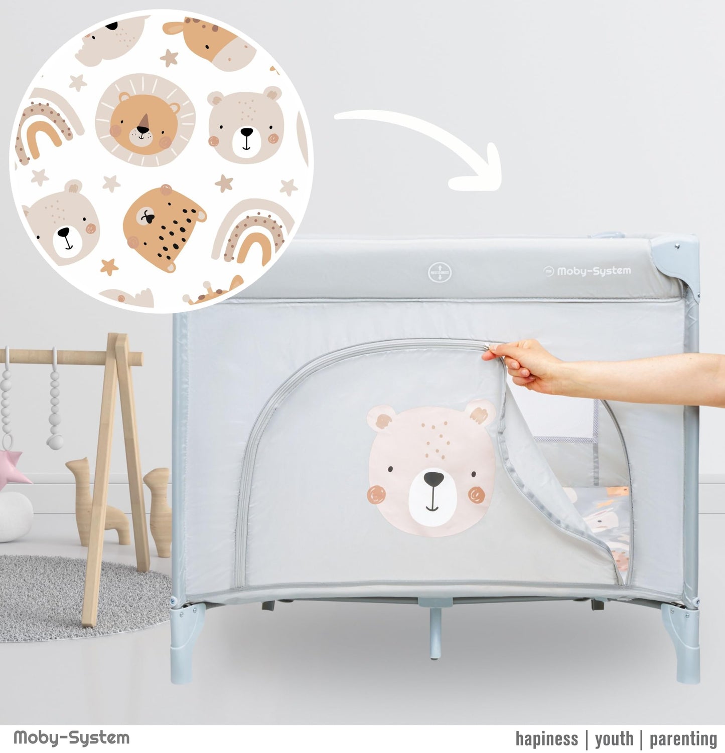 Moby-System Baby Travel Cot 128 x 68 cm - Foldable Children's Travel Bed with Mattress & Carry Bag - Playpen with Side Exit - for Babies up to 15 kg - Grey