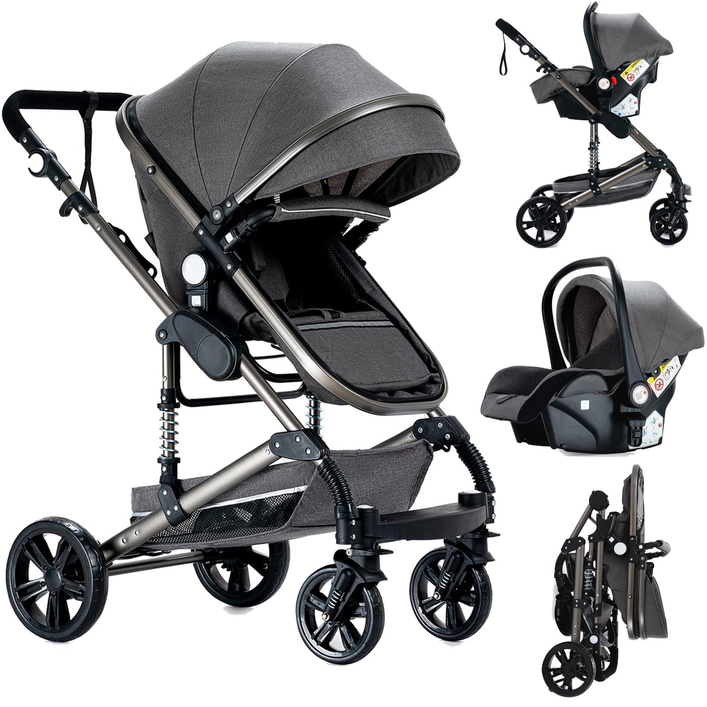 PU Leather Pushchair 3-in-1, Buggy with One-Click Folding Design, Pushchair with Two Reversible Sliding Modes, Combination Pushchair 3-in-1 Complete Set Frame Aluminium Alloy (518 Black)