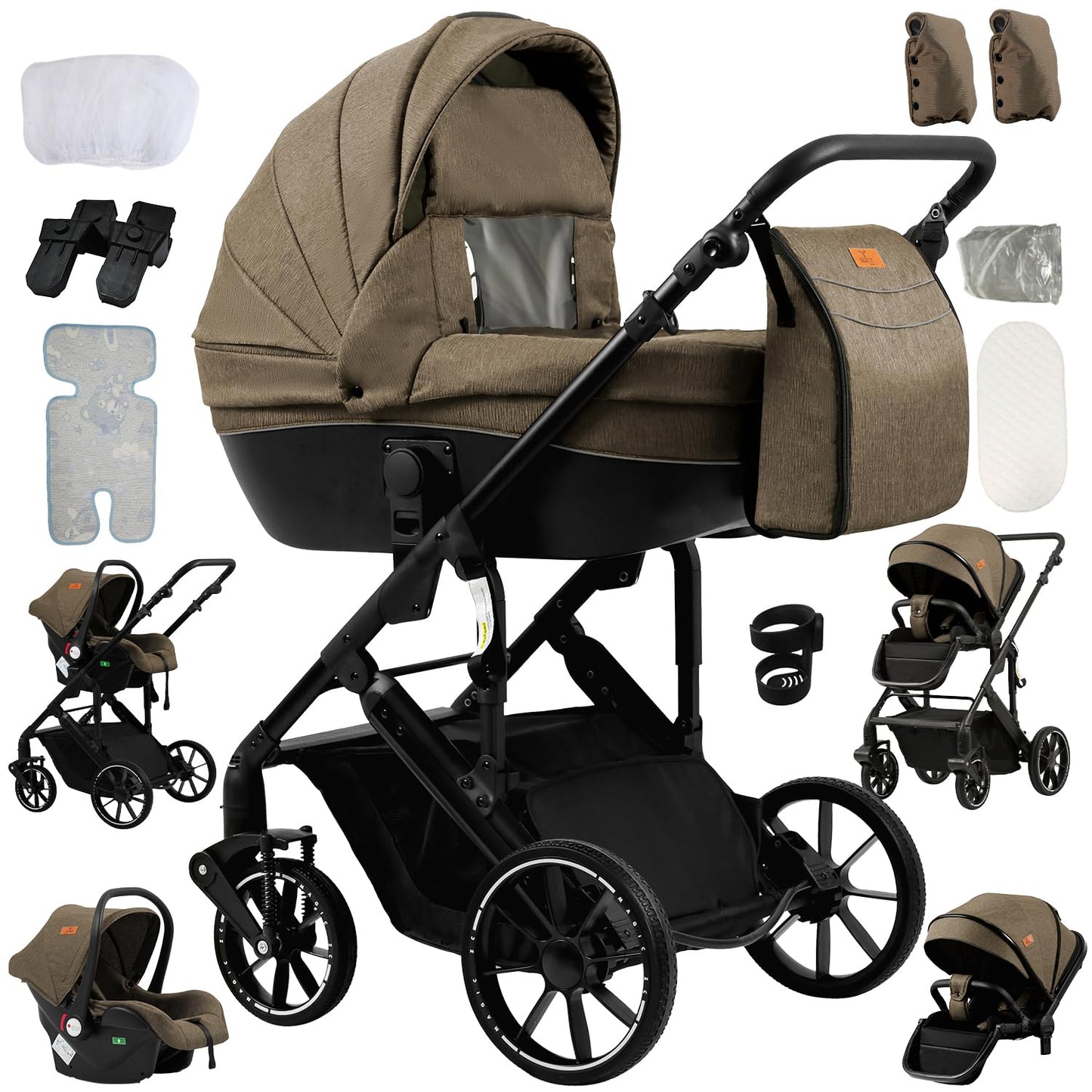 PU Leather Pushchair 3-in-1, Buggy with One-Click Folding Design, Pushchair with Two Reversible Sliding Modes, Combination Pushchair 3-in-1 Complete Set Frame Aluminium Alloy (518 Black)