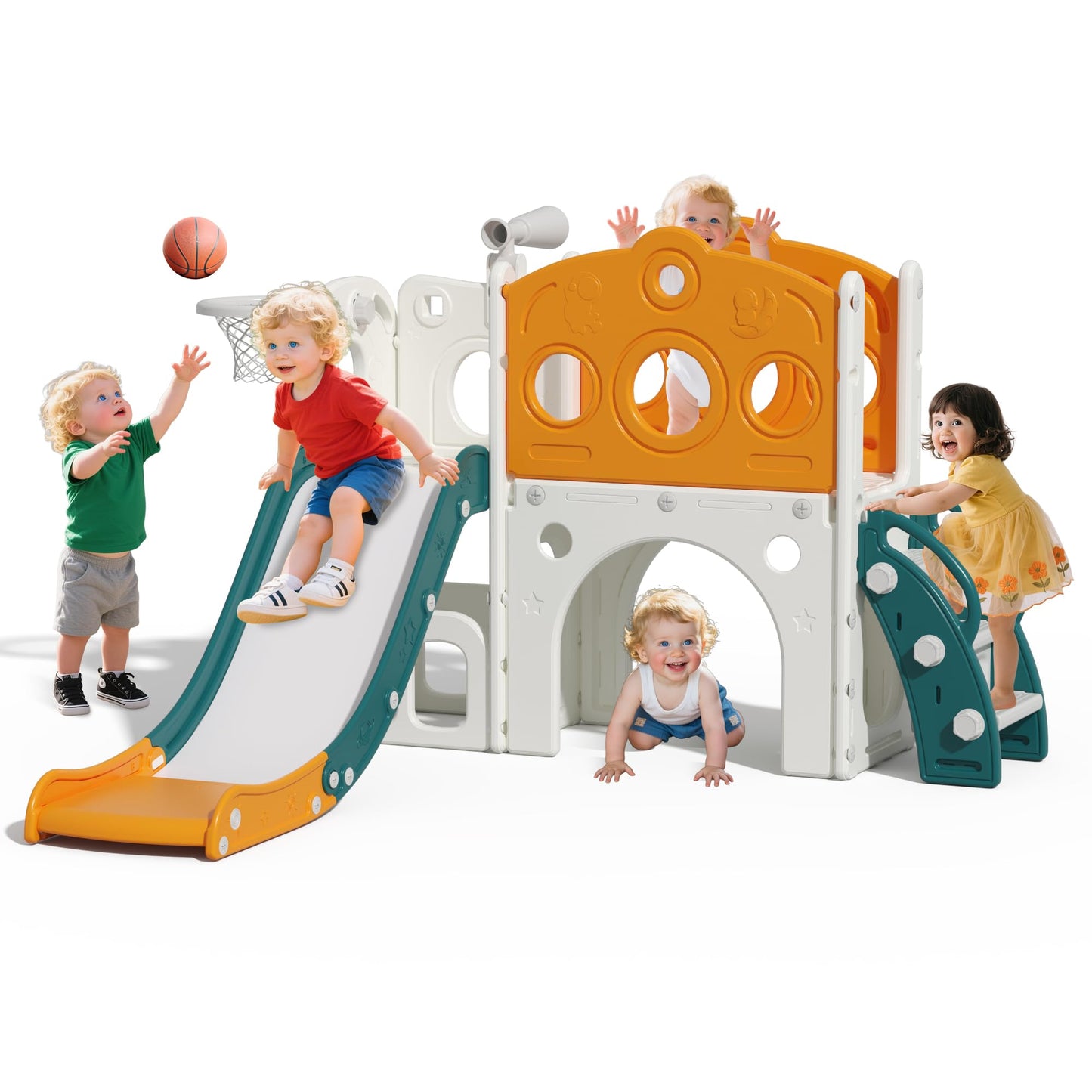 Hominewti 8-in-1 Kids Slide, Kids Playground with Basketball Hoop, Telescopic and Climbing Frame, Baby Slide for Toddlers, Playground for Indoor and Outdoor Use, Green