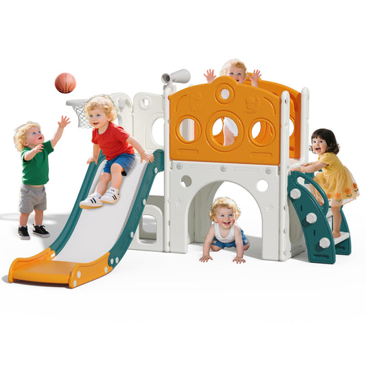 Hominewti 8-in-1 Kids Slide, Kids Playground with Basketball Hoop, Telescopic and Climbing Frame, Baby Slide for Toddlers, Playground for Indoor and Outdoor Use, Green