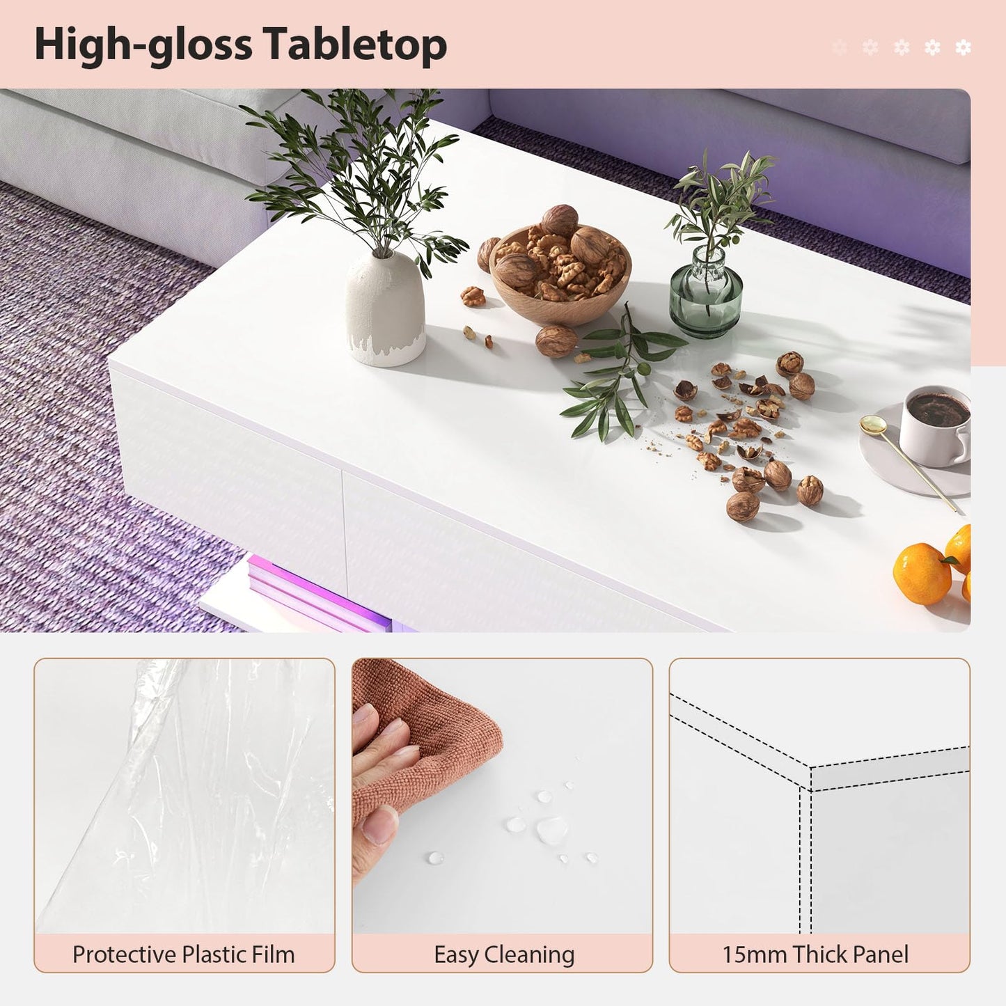 LIFEZEAL Coffee Table LED Lighting, Living Room Table High Gloss with Light Bar and Remote Control, Modern Sofa Table with 2 Drawers, Coffee Table for Living Room, Office (White)