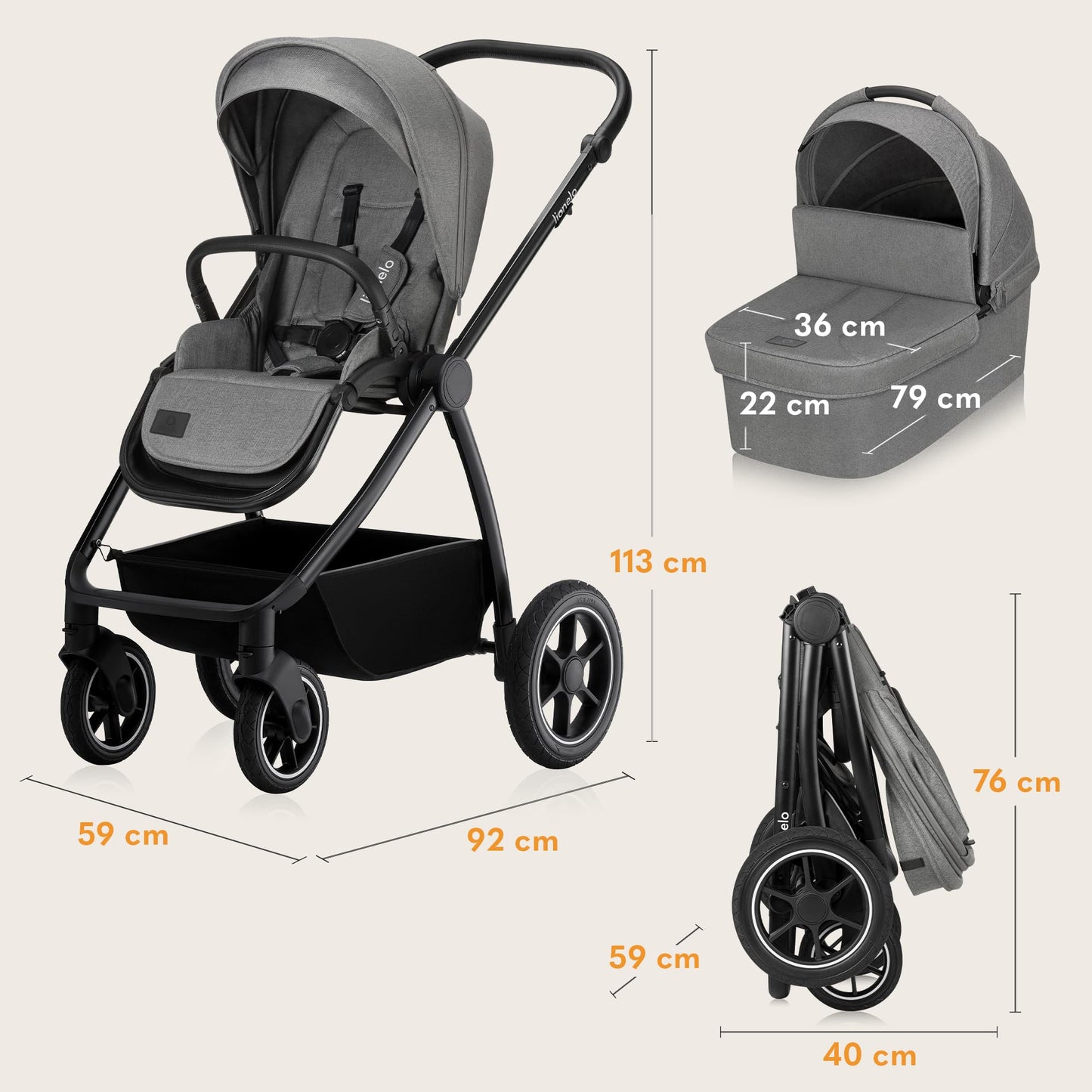 LIONELO Meril 3-in-1 Multifunctional Pushchair, 0-48 Months, Up to 22 kg, Baby Carrycot up to 9 kg, Child Seat up to 13 kg, 360° Off-Road Wheels, Full Suspension, XXL Hood with UPF50+