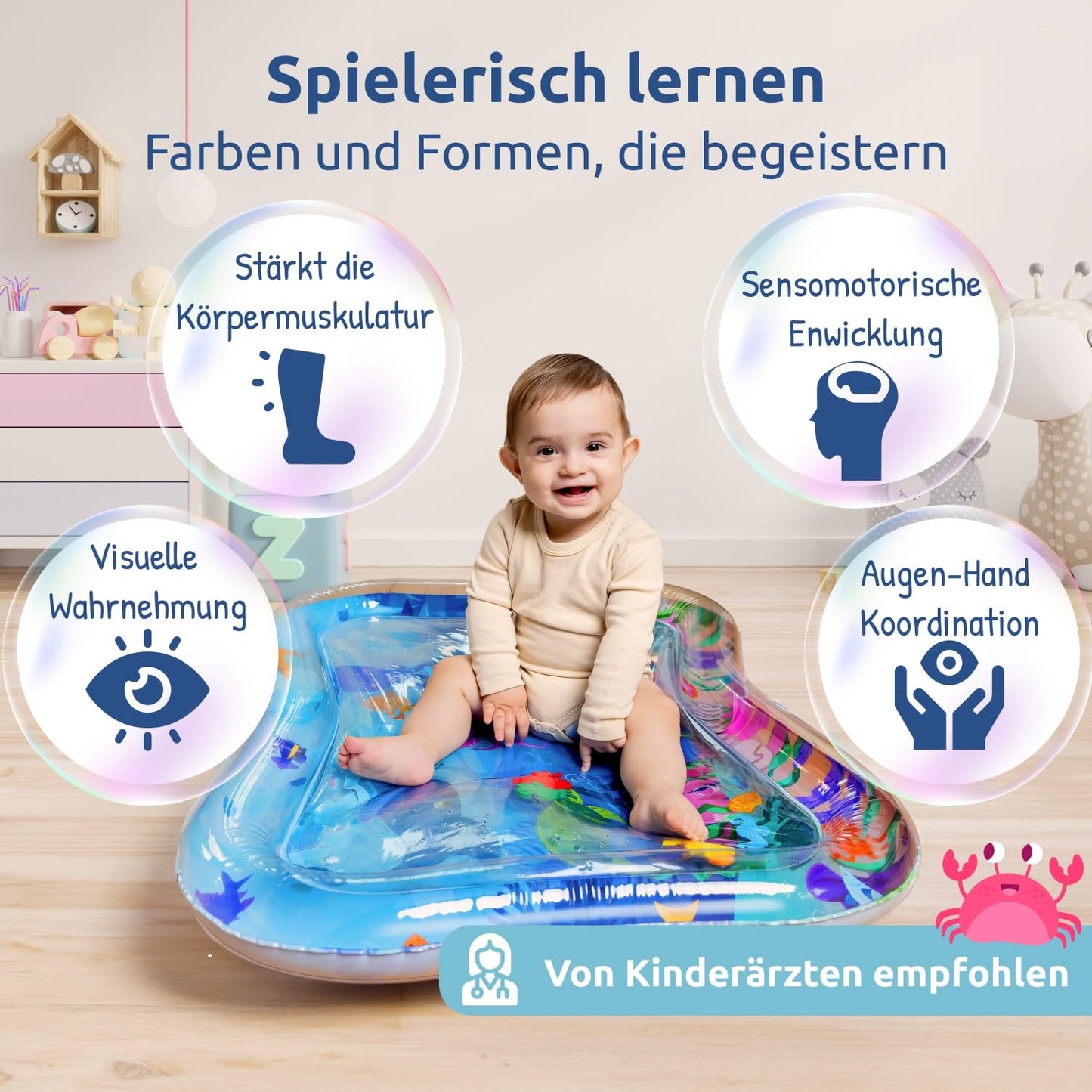 Mallie® Wassermatte Baby 66x50 CM [100% BPA & Schadstoff-Frei] ab 3, 6 und 9 Monate im Ozean Blau Design I Baby Spielzeug, Spielzeug Ab 6 Monate als Wassermatte Baby und Baby Spielzeug 6 Monate