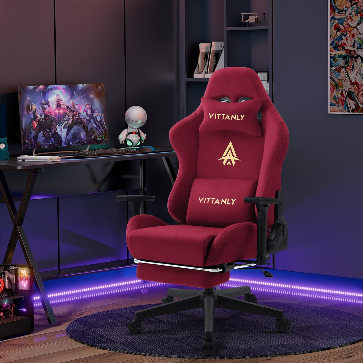 Vittanly Gaming Stuhl, Luxuriöser Wildlederimitat Gaming Chair Bürostuhl, Ergonomischer Schreibtischstuhl mit Fußstütze Kopfstütze und Lendenkissen, 3D Armlehnen, 90-155° Rückenlehne, Weinrot