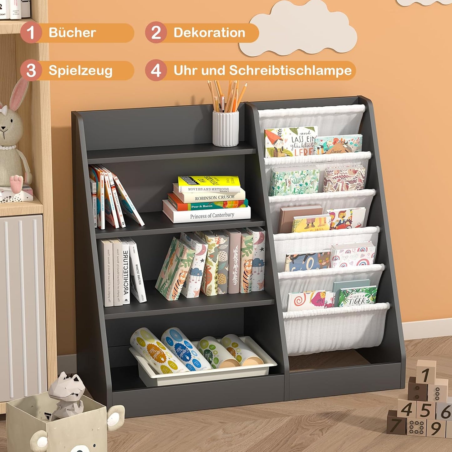 Children's Shelf, White with 5 Shelves and 4 Open Compartments, Bookcase for Children, Toy Organiser, 90 x 40 x 80 cm