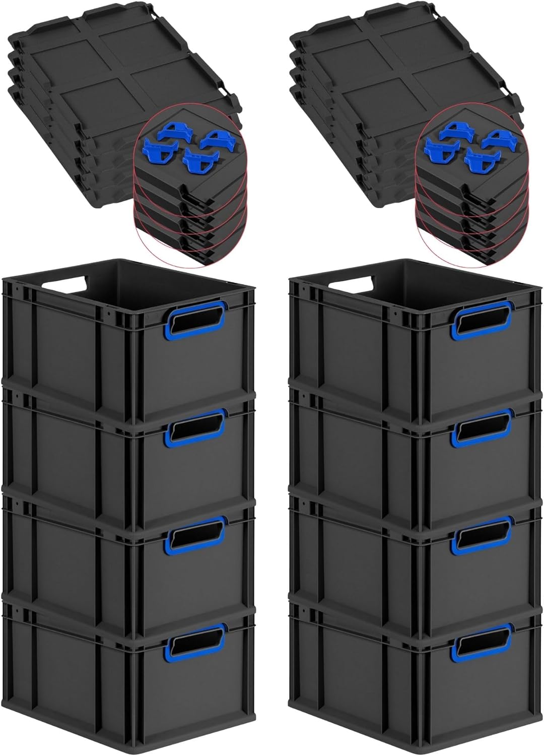 PROREGAL Economy Set of 5 Eurobox NextGen Colour with Lid and Sliding Snap Fasteners, H x W x D 22 x 30 x 40 cm, 20 L, Black, Closed Handles, Euro Container, Transport Box, Transport Container