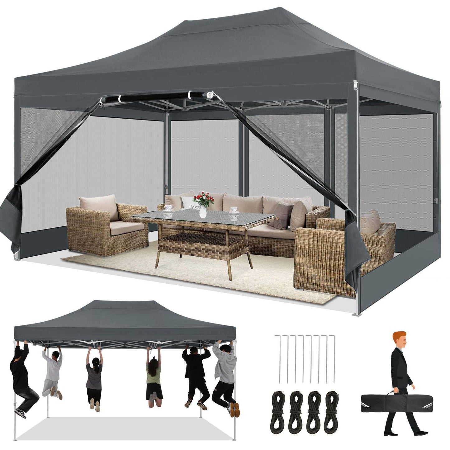 COBIZI Folding Gazebo 3 x 3 m Gazebo 3 x 3 m Waterproof Stable Party Tent Foldable with 4 Side Walls Mosquito Net Pop Up Garden Gazebo Anti-UV for Garden, Grey