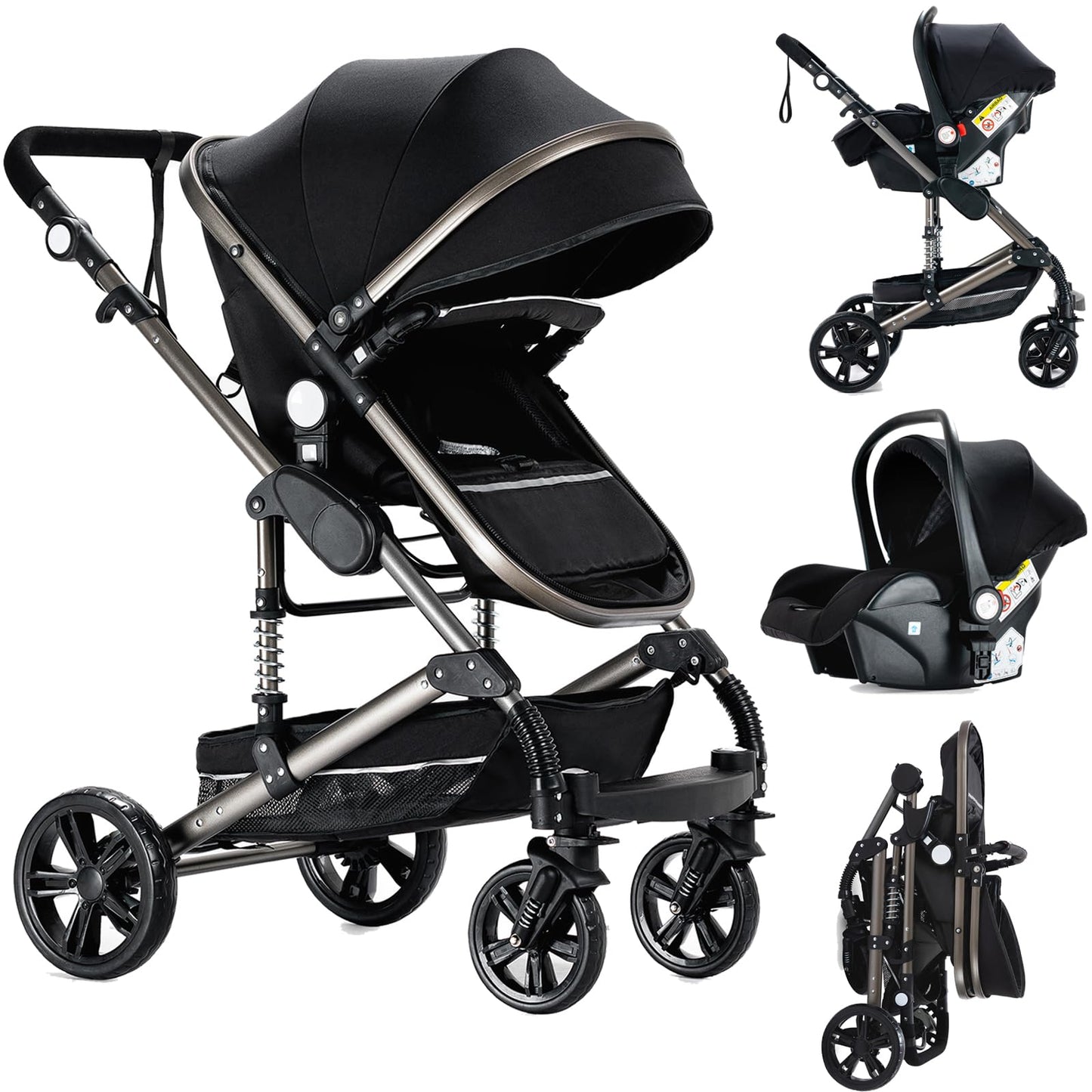 PU Leather Pushchair 3-in-1, Buggy with One-Click Folding Design, Pushchair with Two Reversible Sliding Modes, Combination Pushchair 3-in-1 Complete Set Frame Aluminium Alloy (518 Black)
