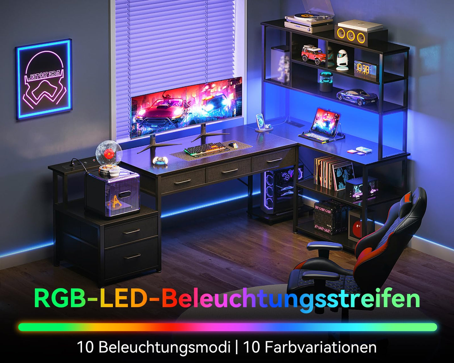 Coleshome Corner Desk with 5 Drawers and 4 Shelves, 200 x 110 cm Desk L-Shape with LED, Sockets & USB, Large Desk for Home Office, Black