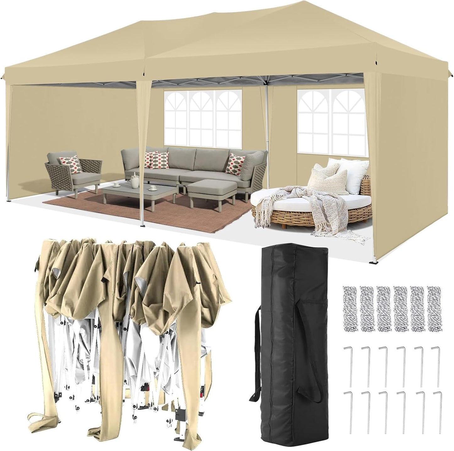 COBIZI Gazebo 3 x 6 Folding Gazebo Waterproof Stable Winterproof Foldable Party Tent with 6 Side Panels Pop Up Garden Gazebo UV Protection 50+ Height Adjustable for Beach Wedding Camping White