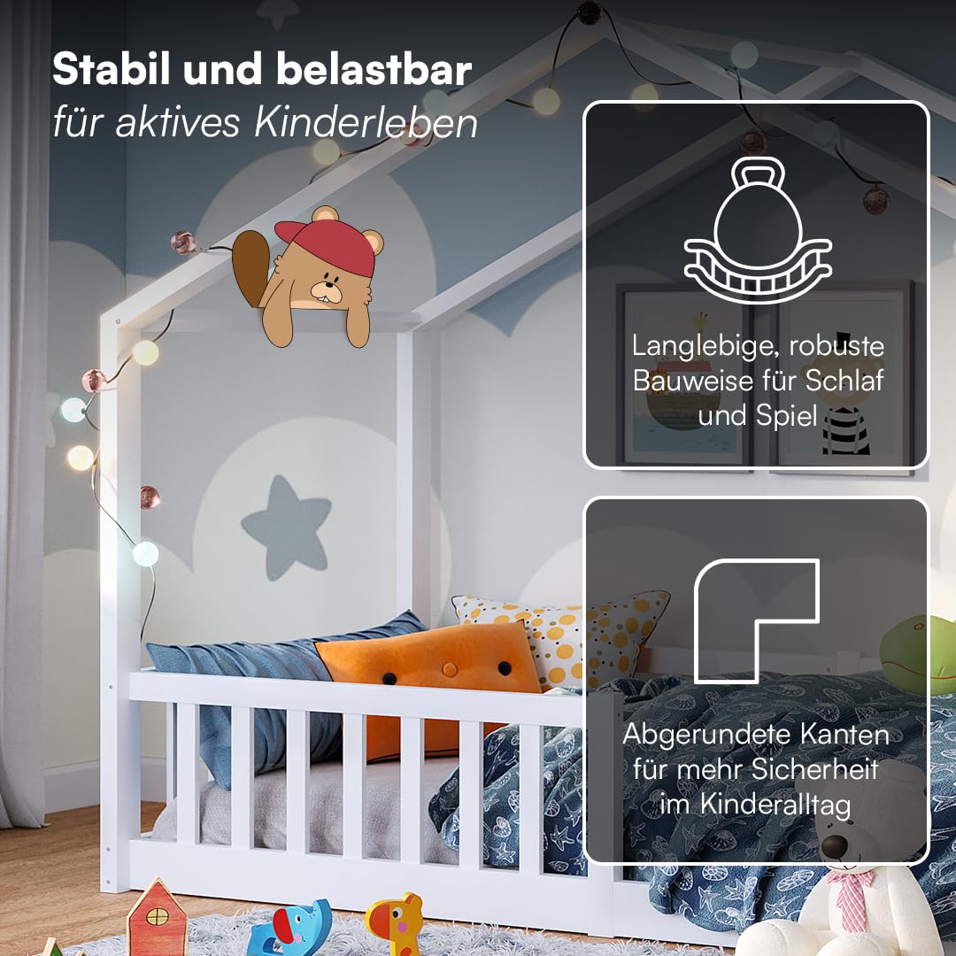 Bellabino Bia Children’s Bed, 90 x 200 cm, Children’s House Bed incl. Fall Protection and Rolled Slatted Frame, Montessori Floor Bed, White, Solid Pine Wood