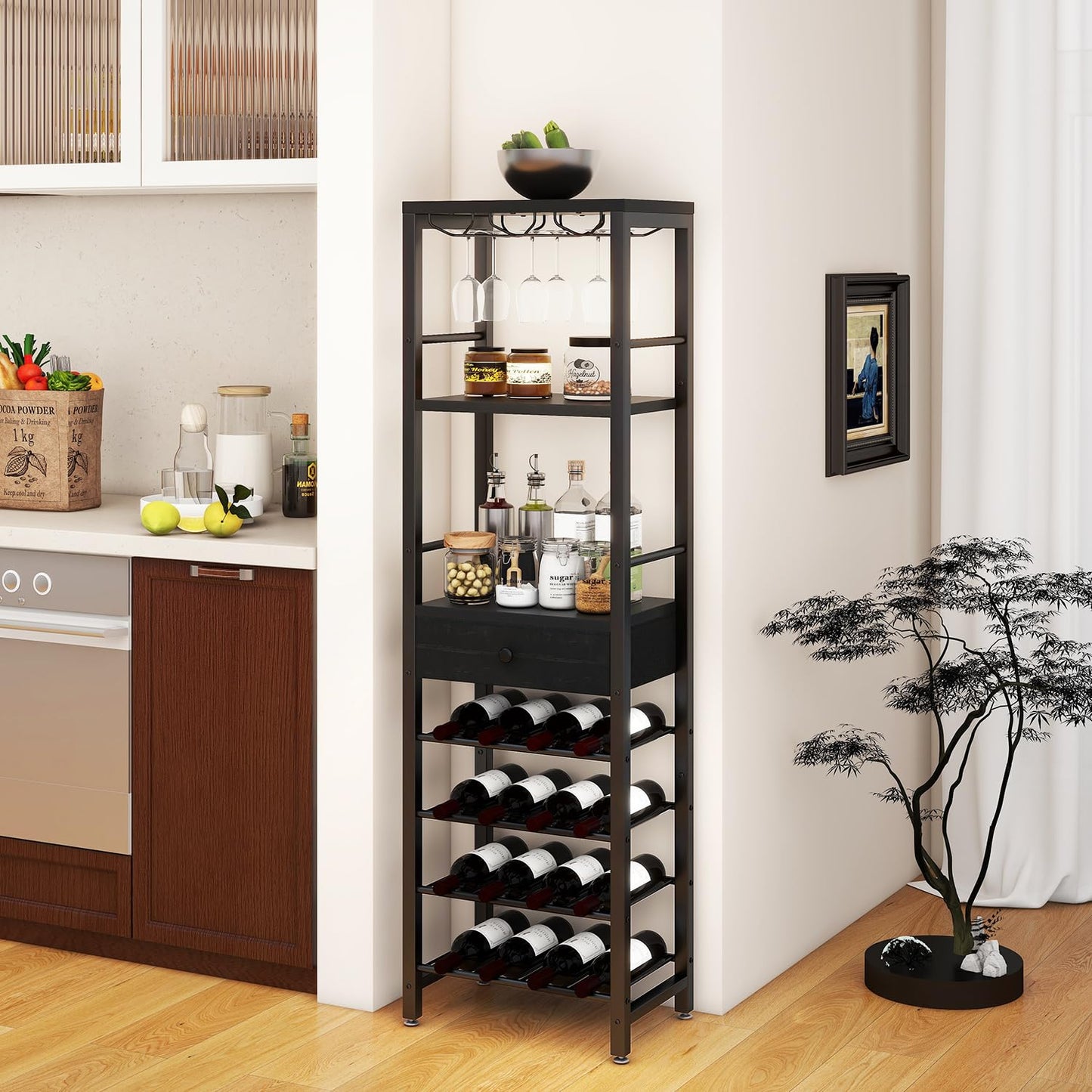 IBUYKE TMJ905H Wine Rack, 4-Layer Freestanding Wine Rack with Glass Holder and Drawer, 16 Bottle Rack, Countertop Wine Rack with Table Top Shelf, for Kitchen, Bar, Dining Room, Vintage Brown